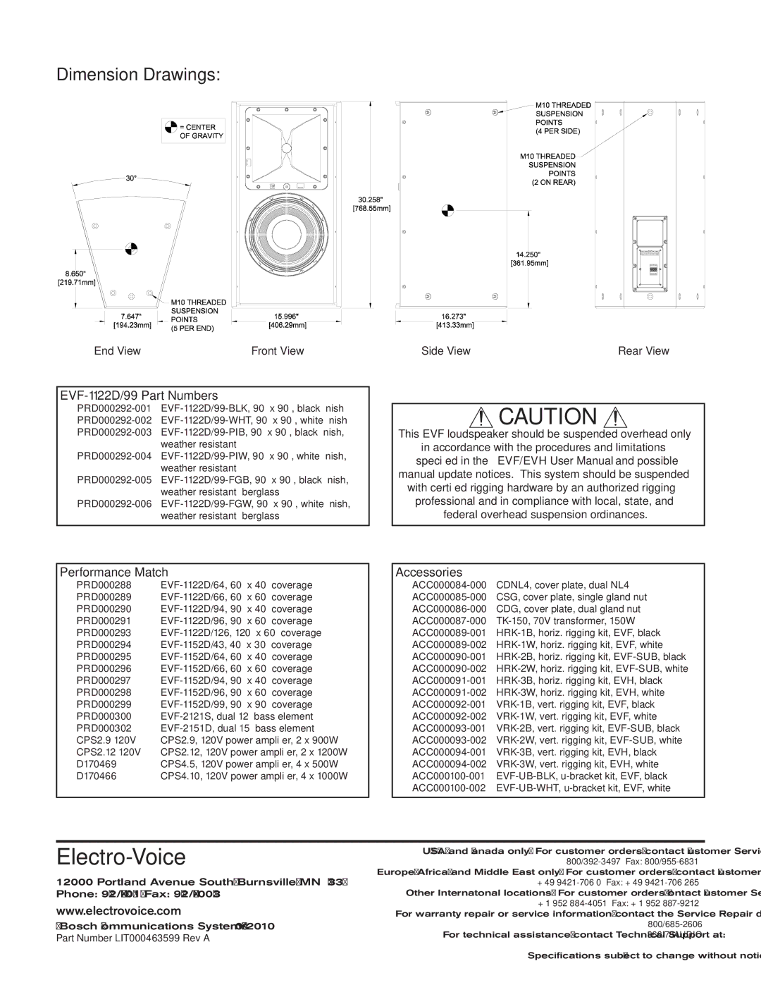 Electro-Voice EVF-1122D/99-FG technical specifications Dimension Drawings, EVF-1122D/99 Part Numbers 