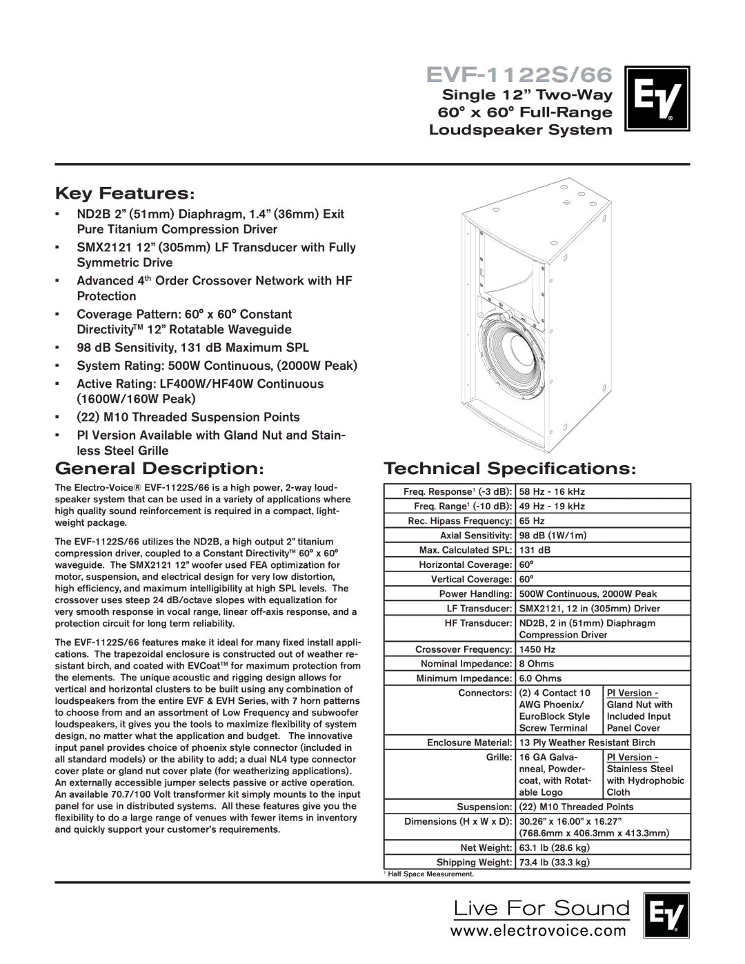 Electro-Voice EVF-1122S/66 technical specifications Key Features, General Description, Technical Specifications 
