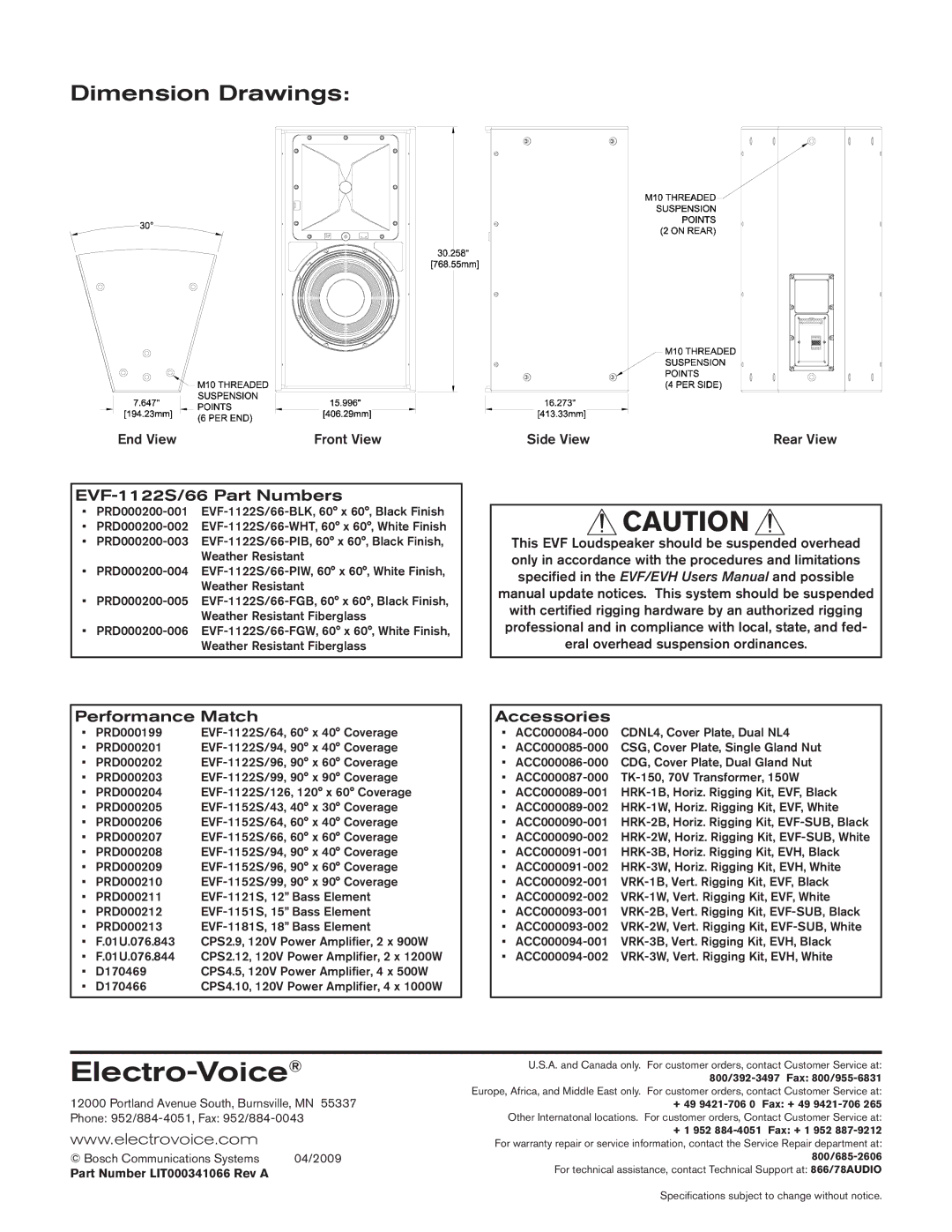 Electro-Voice technical specifications Dimension Drawings, EVF-1122S/66 Part Numbers 