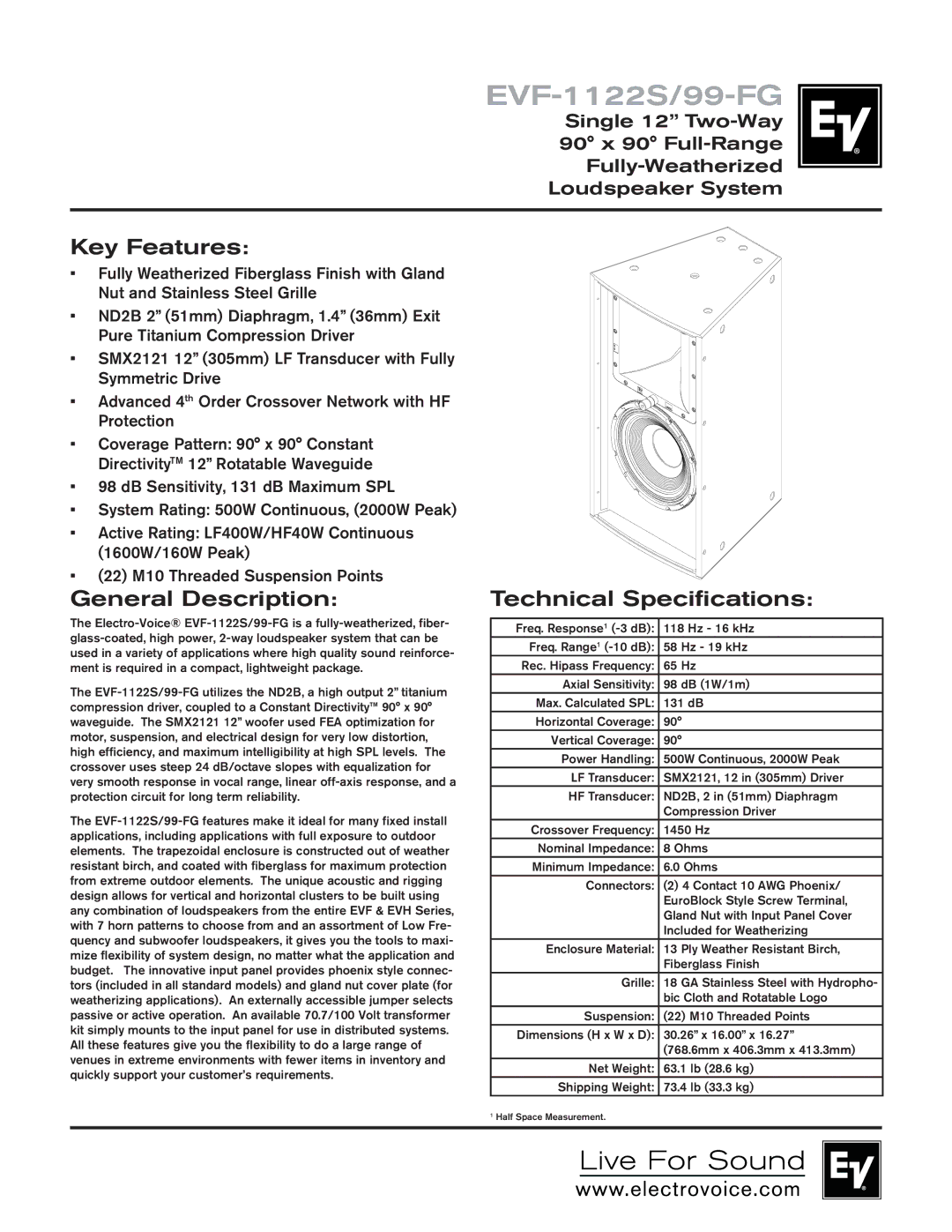 Electro-Voice EVF-1122S/99-FG technical specifications Key Features, General Description, Technical Specifications 