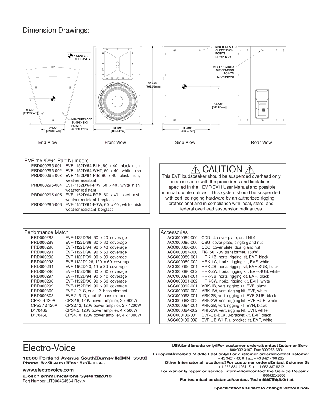 Electro-Voice EVF-1152D/64-FG technical specifications Dimension Drawings, EVF-1152D/64 Part Numbers 