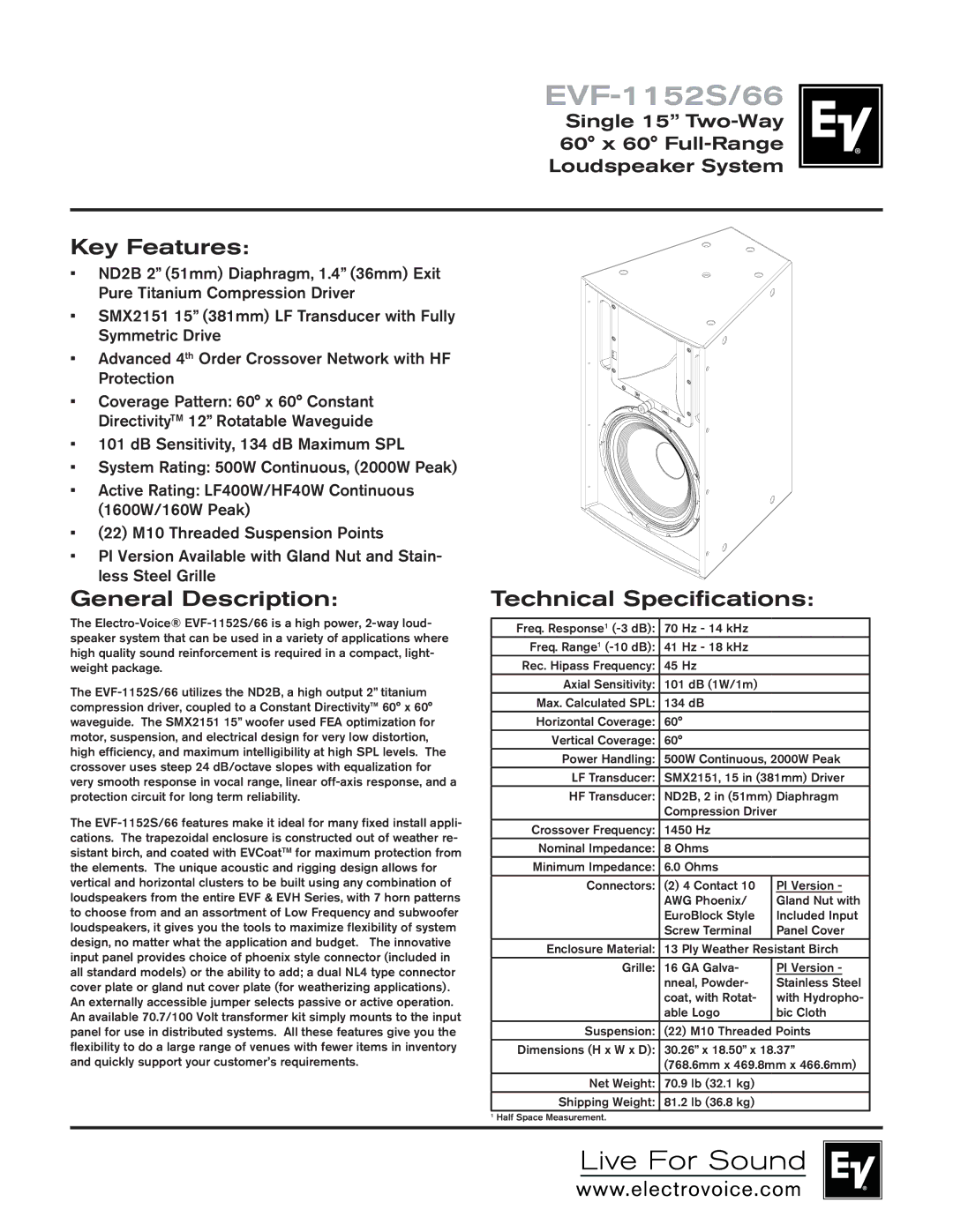Electro-Voice EVF-1152S/66 technical specifications Key Features, General Description, Technical Specifications 