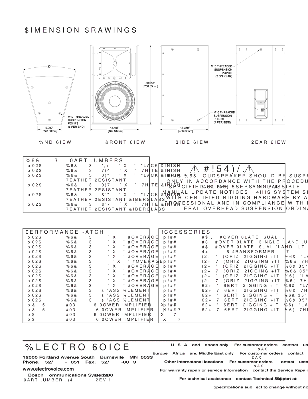 Electro-Voice technical specifications Dimension Drawings, EVF-1152S/66 Part Numbers 