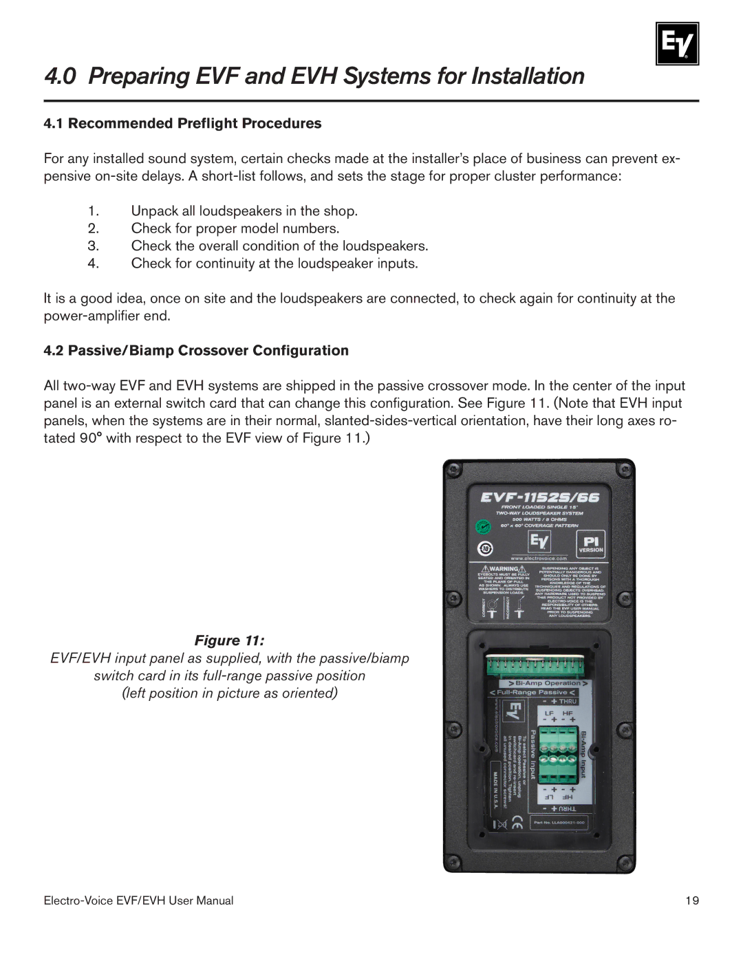 Electro-Voice EVF-1152S, EVF-2121S Preparing EVF and EVH Systems for Installation, Recommended Preflight Procedures 