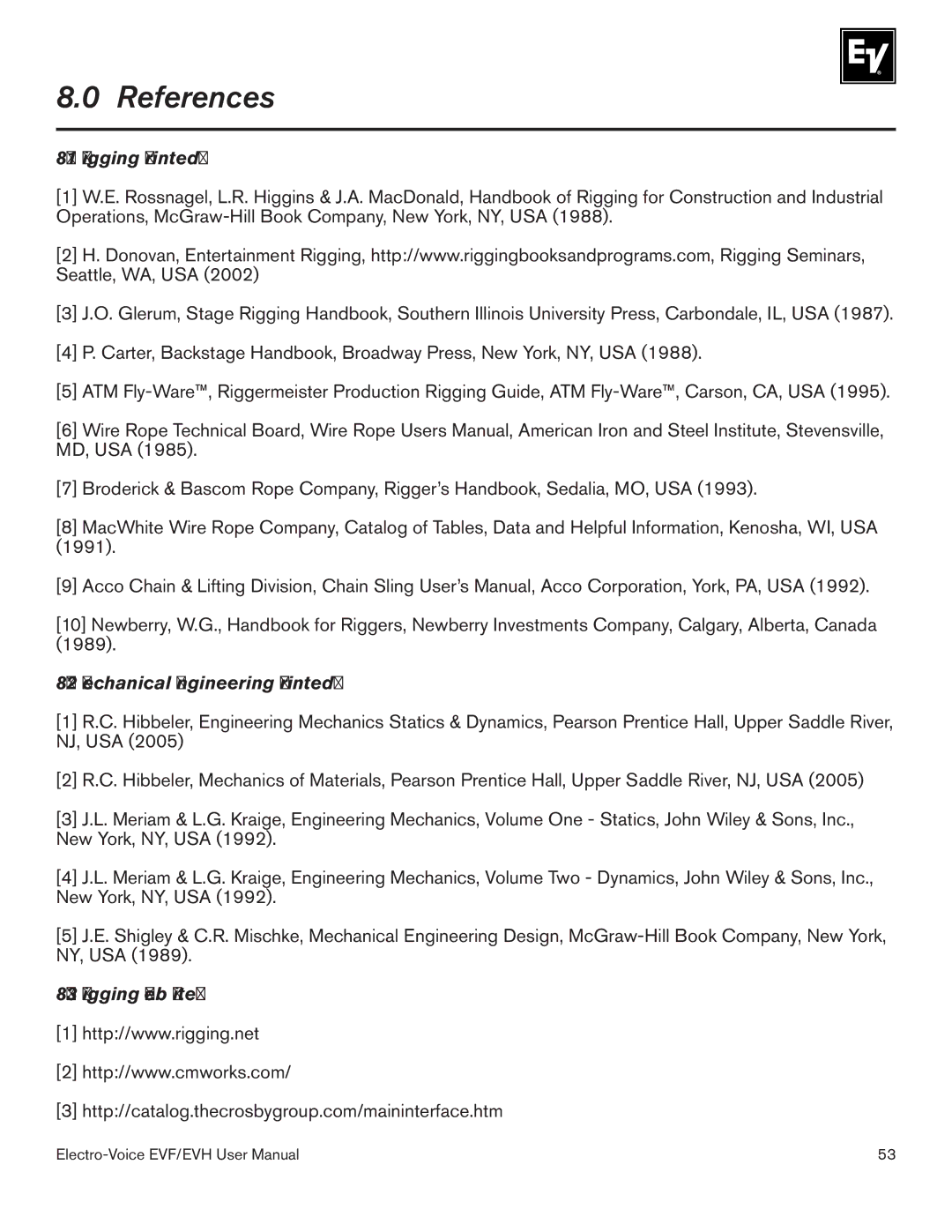 Electro-Voice EVF-1151S, EVF-2121S References, Rigging printed, Mechanical Engineering printed, Rigging Web sites 