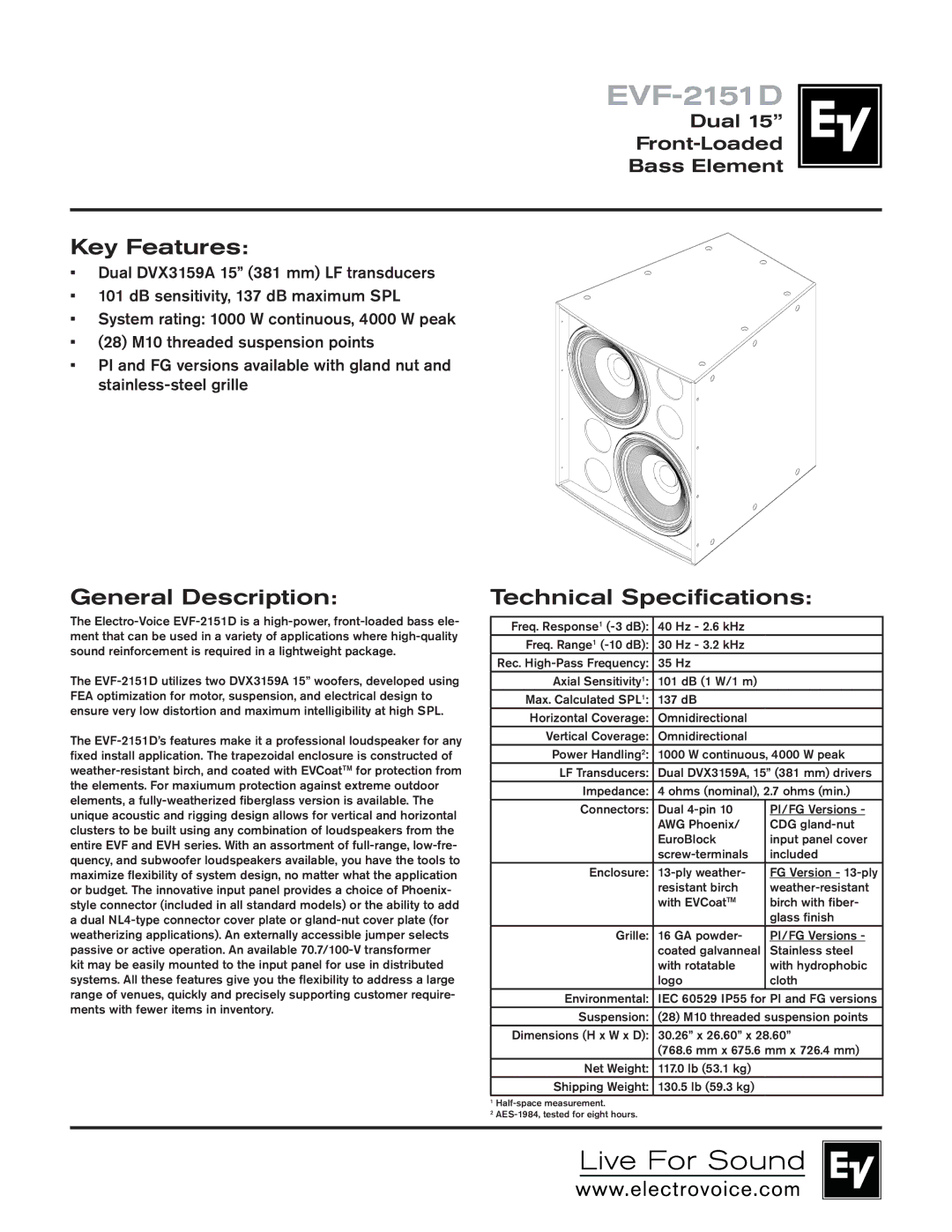 Electro-Voice EVF-2151D technical specifications Key Features, General Description, Technical Specifications 