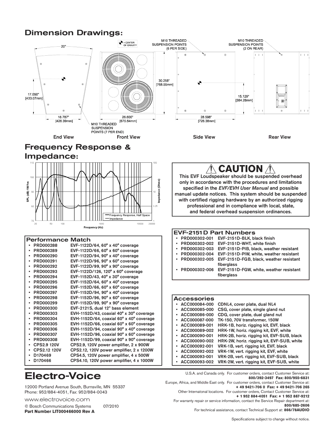 Electro-Voice Dimension Drawings, Frequency Response Impedance, EVF-2151D Part Numbers, Performance Match, Accessories 