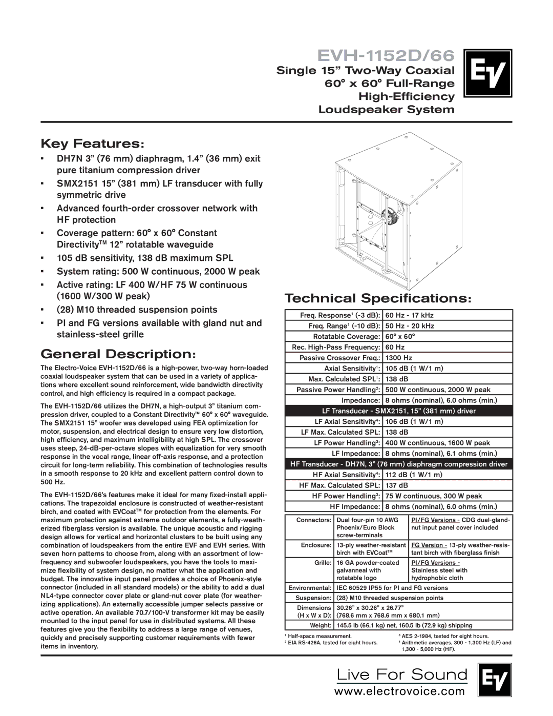 Electro-Voice EVH-1152D/66 technical specifications Key Features, General Description, Technical Specifications 