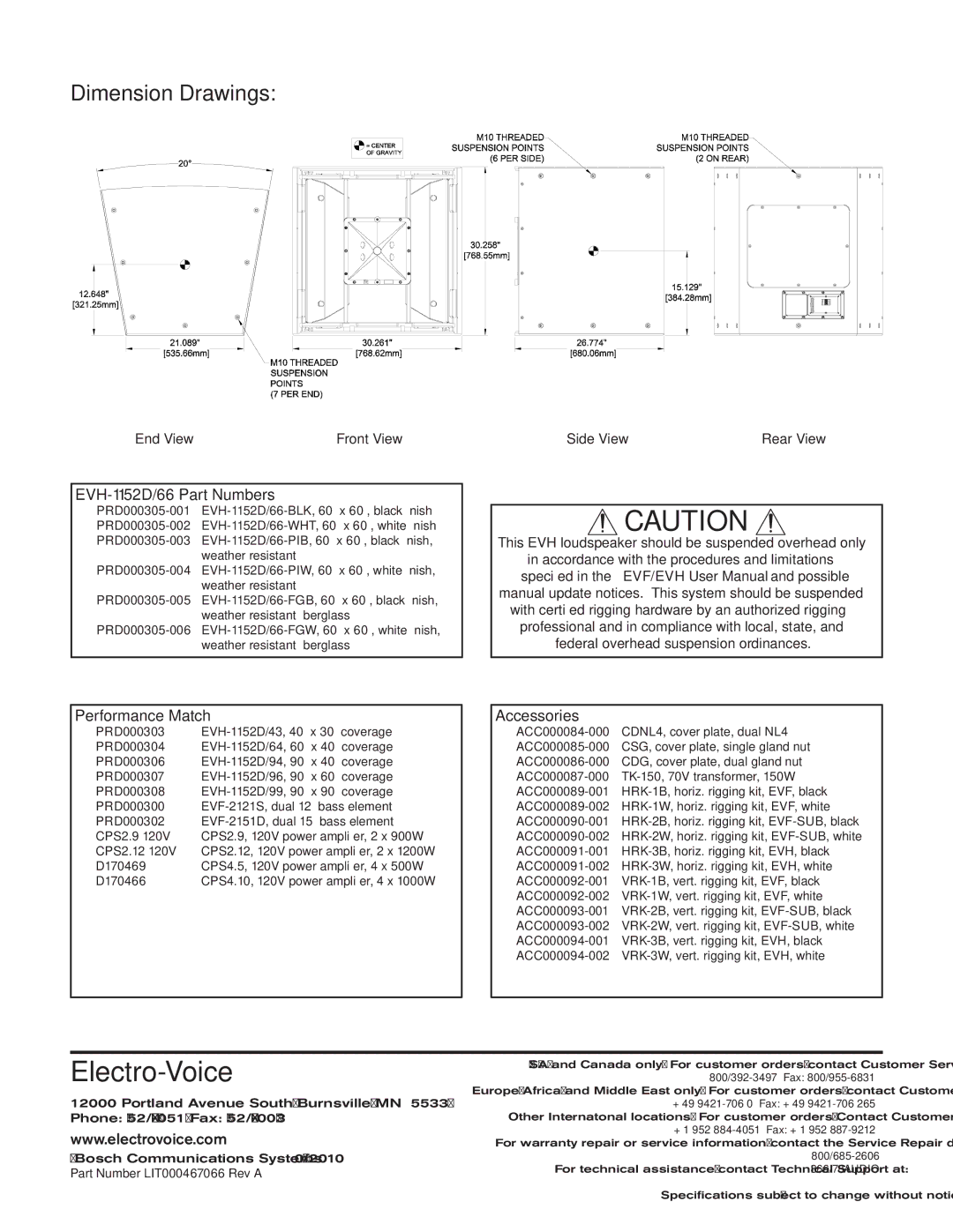 Electro-Voice technical specifications Dimension Drawings, EVH-1152D/66 Part Numbers 