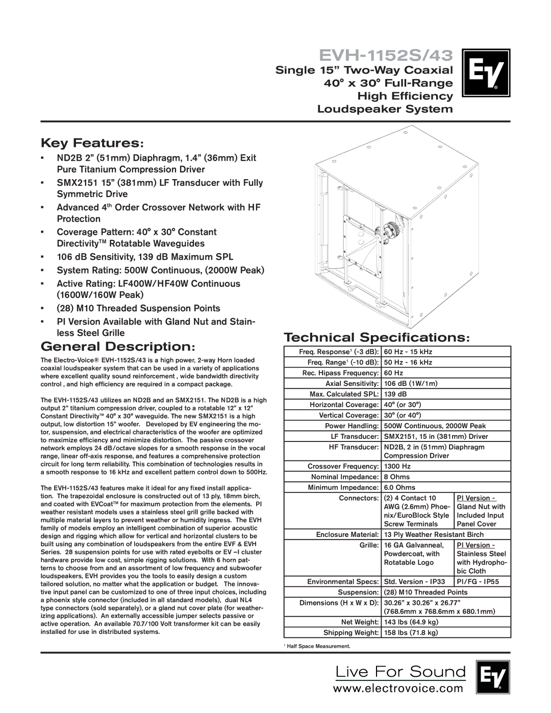 Electro-Voice EVH-1152S/43 technical specifications Key Features, General Description, Technical Specifications 