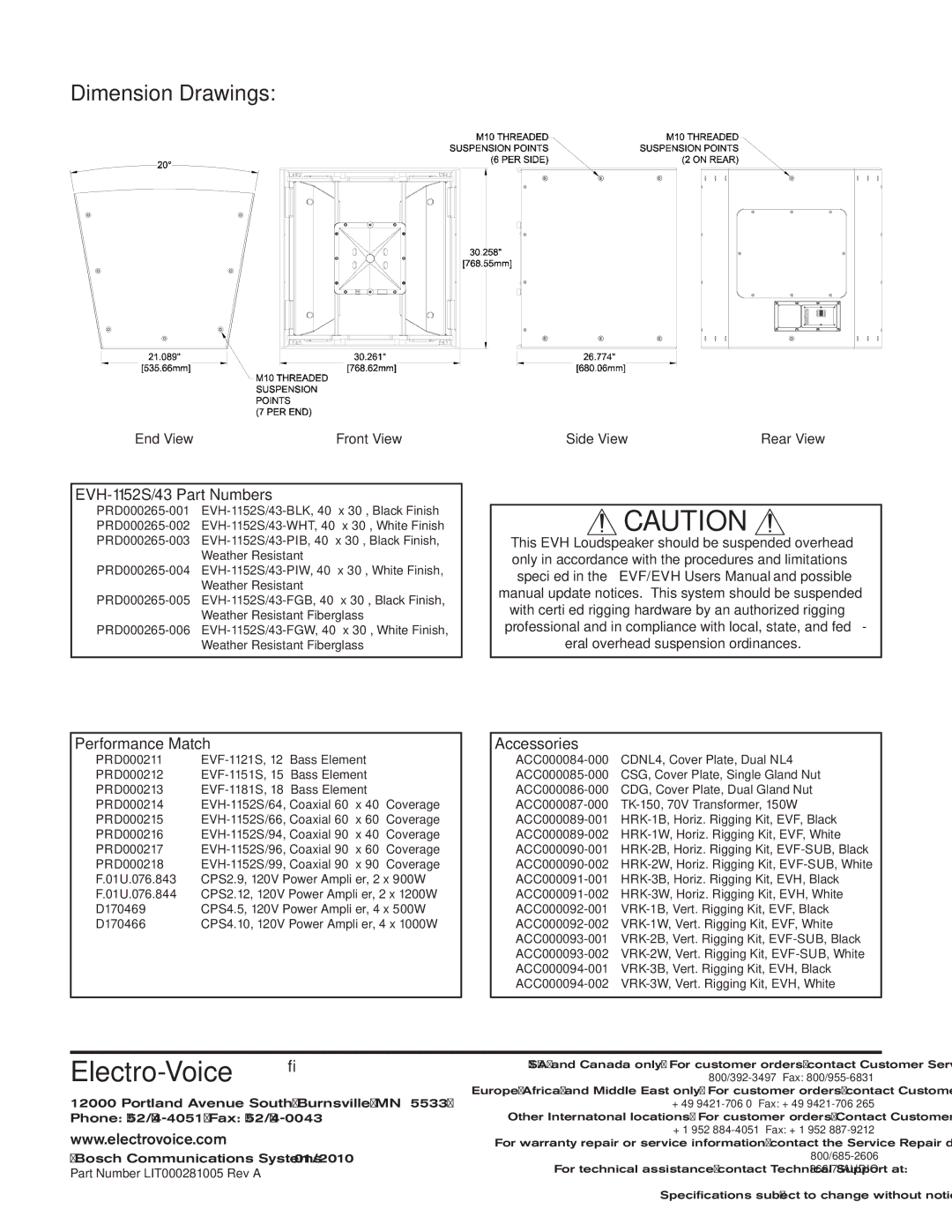 Electro-Voice technical specifications Dimension Drawings, EVH-1152S/43 Part Numbers 