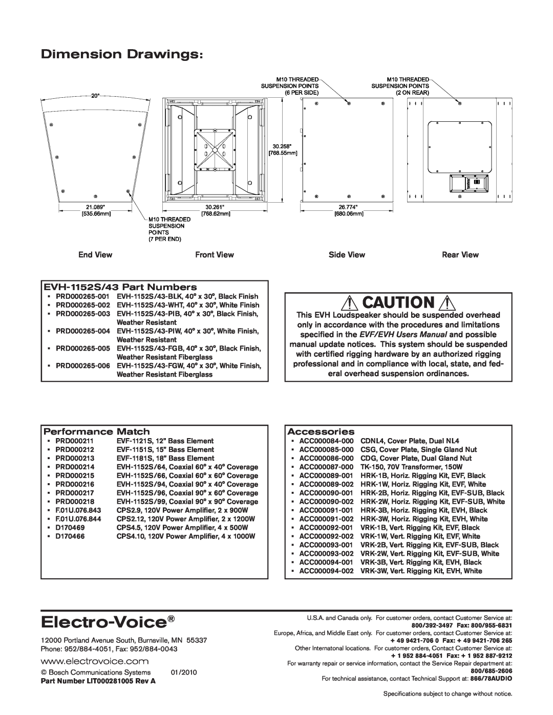 Electro-Voice Dimension Drawings, Electro-Voice, EVH-1152S/43Part Numbers, Performance Match, Accessories, End View 