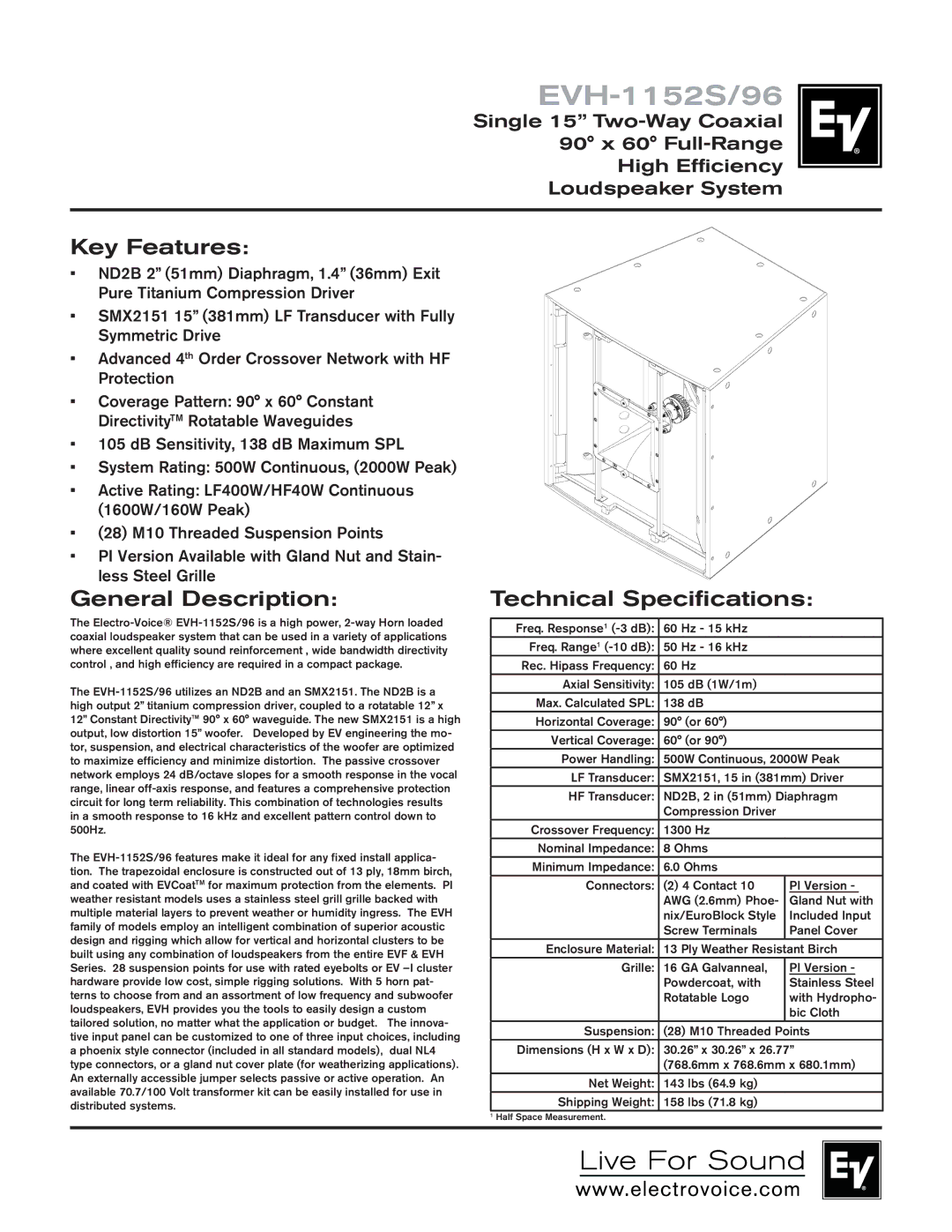 Electro-Voice EVH-1152S/96 technical specifications Key Features, General Description, Technical Specifications 