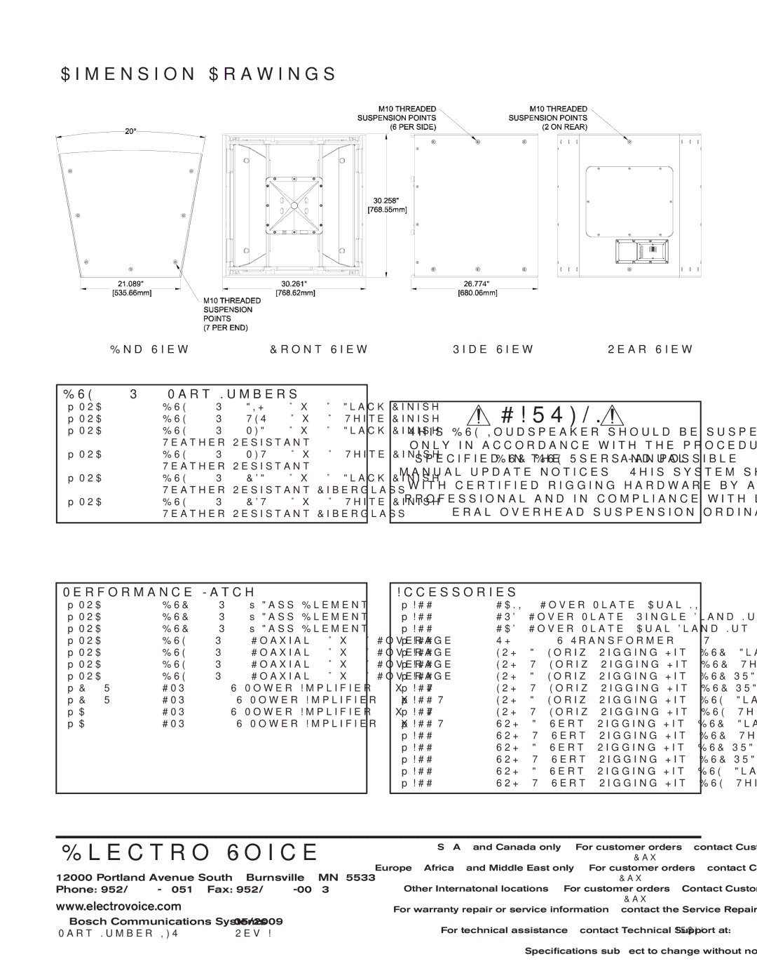 Electro-Voice technical specifications Dimension Drawings, EVH-1152S/96 Part Numbers 