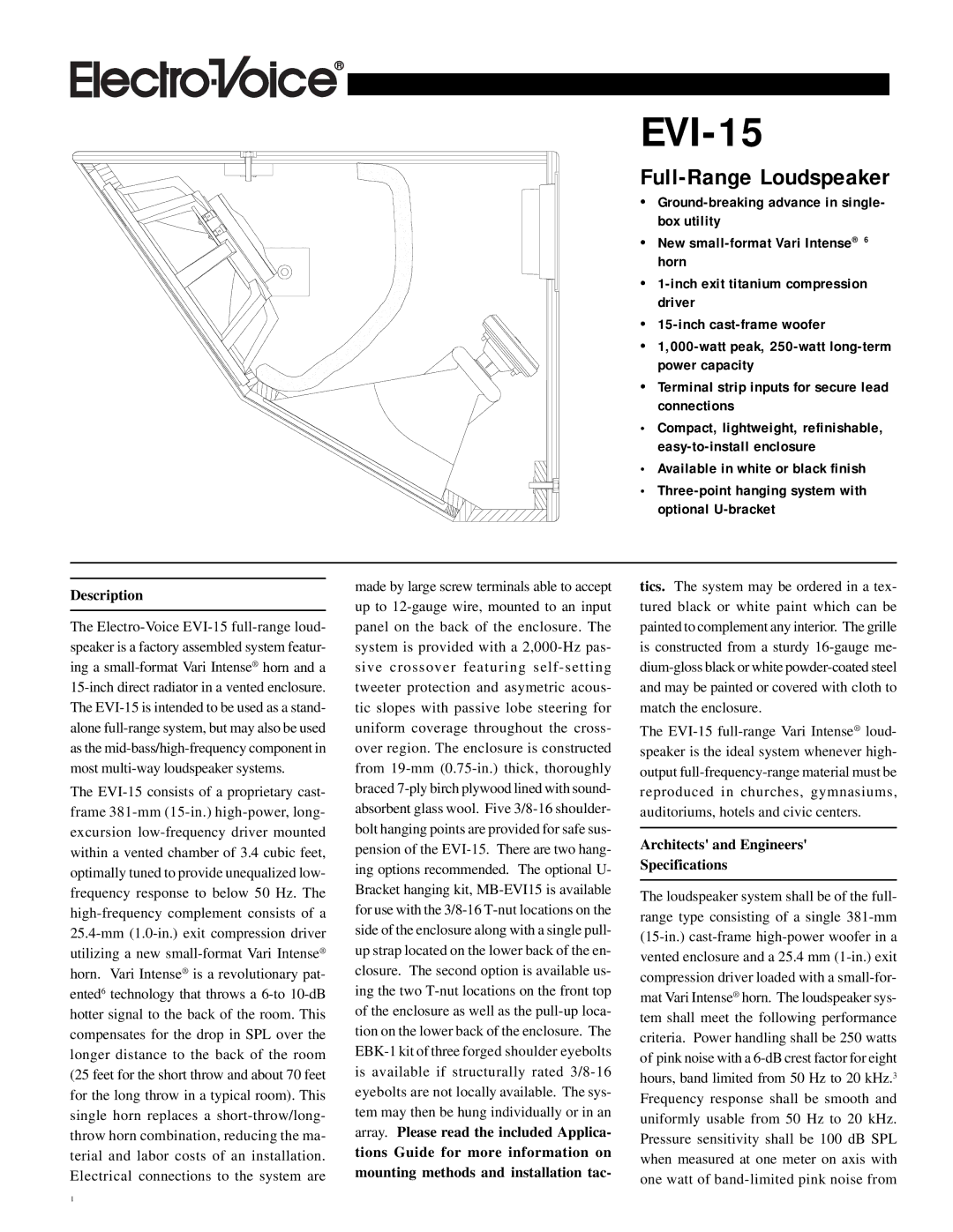 Electro-Voice EVI-15 specifications Description, Architects and Engineers Specifications 