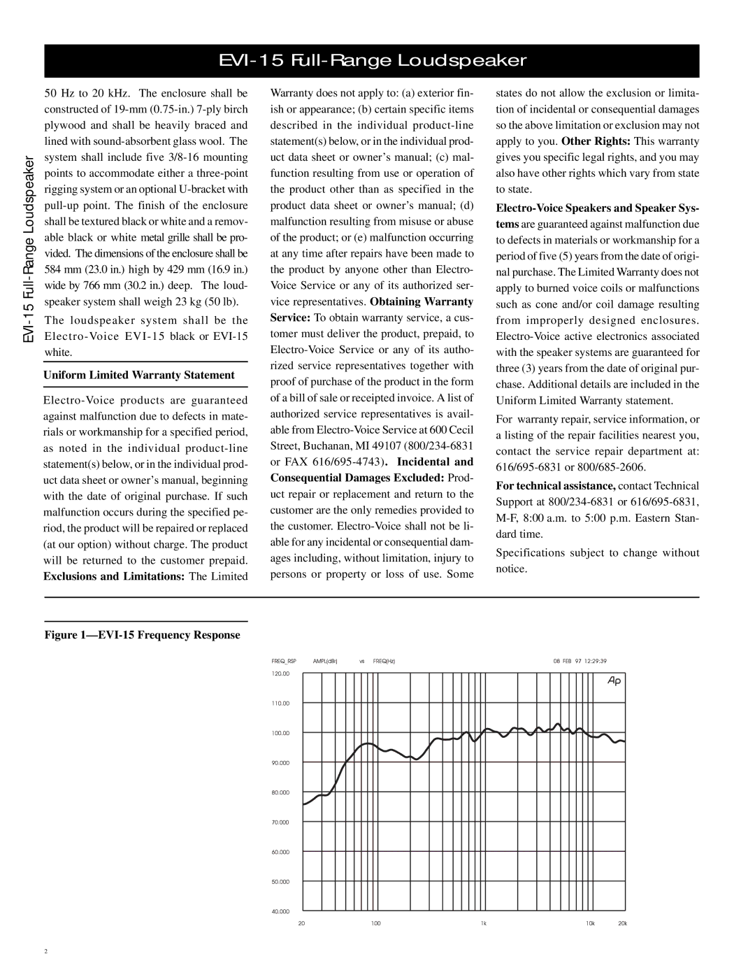 Electro-Voice EVI-15 specifications Uniform Limited Warranty Statement, Electro-Voice Speakers and Speaker Sys 