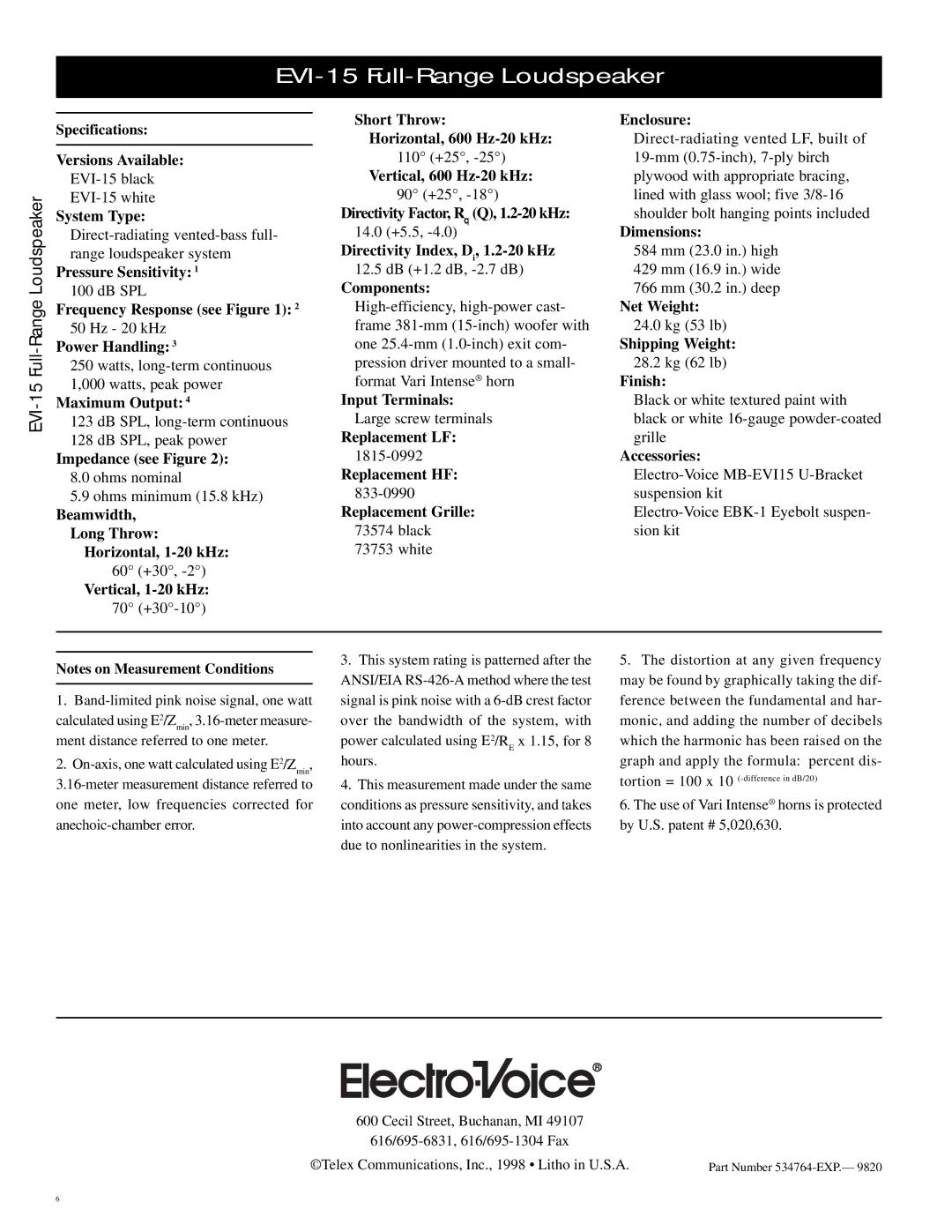 Electro-Voice EVI-15 Specifications Versions Available, System Type, Pressure Sensitivity, Frequency Response see, Finish 