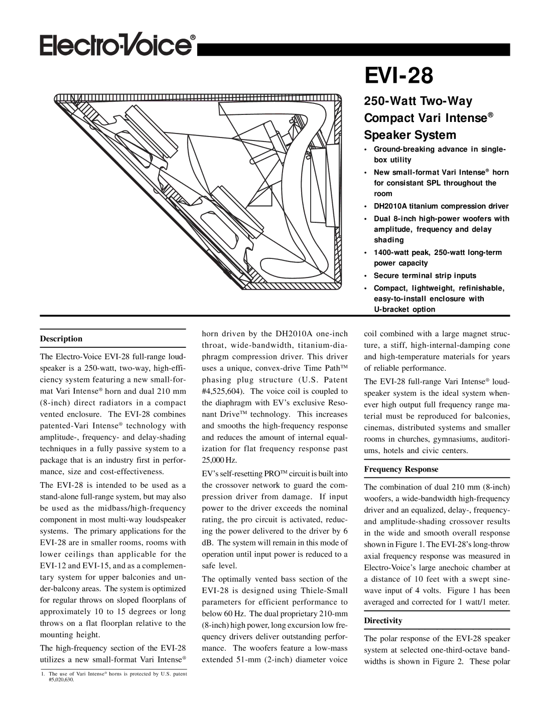 Electro-Voice EVI-28 manual Description, Frequency Response, Directivity 