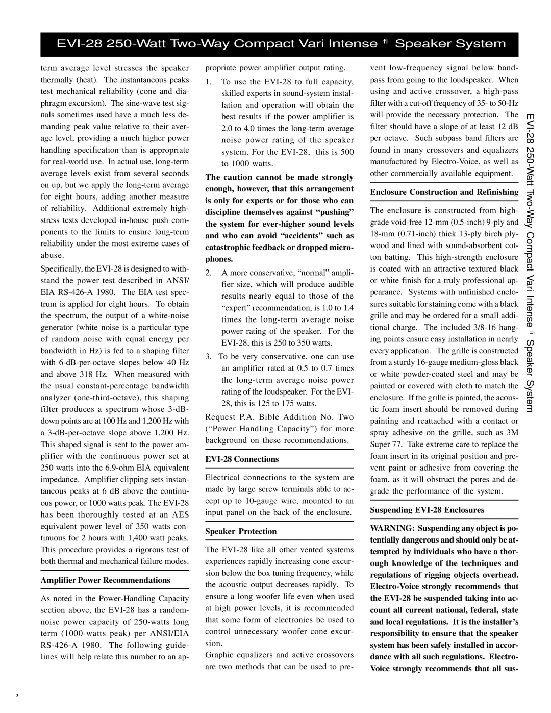 Electro-Voice Amplifier Power Recommendations, EVI-28 Connections, Speaker Protection, Suspending EVI-28 Enclosures 