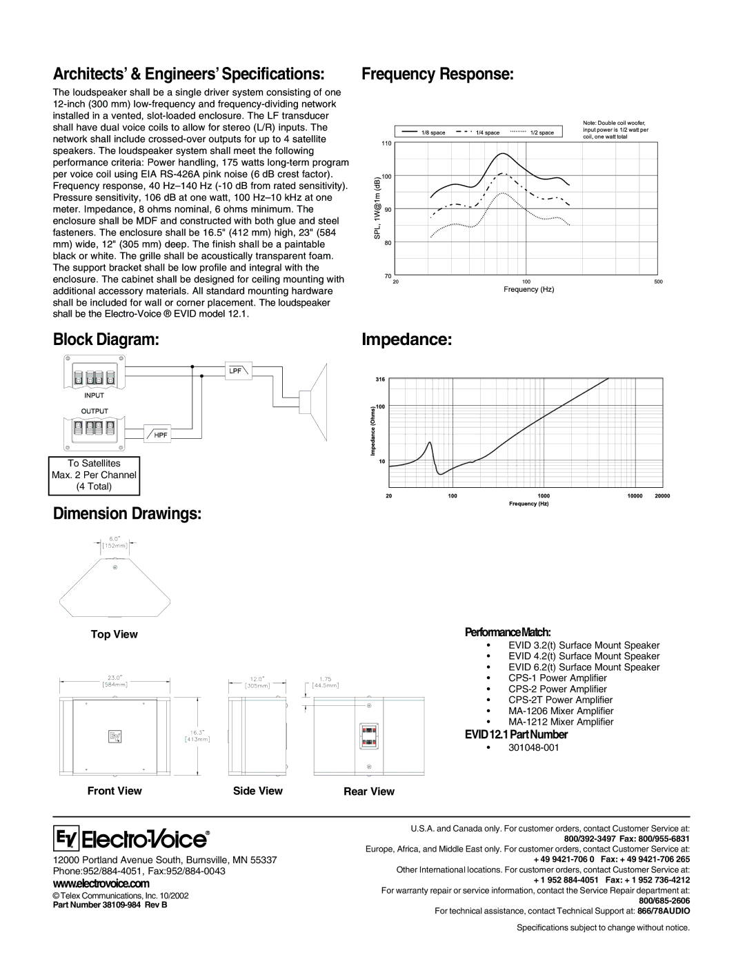 Electro-Voice EVID 12.1 Block Diagram, Dimension Drawings, Frequency Response, PerformanceMatch, EVID12.1PartNumber 