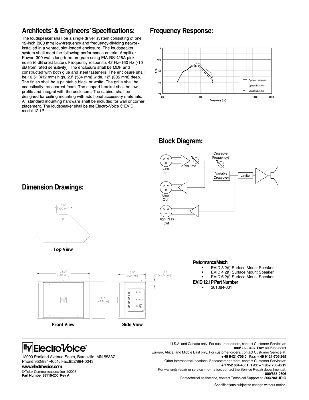 Electro-Voice EVID 12.1P Block Diagram, Dimension Drawings, Frequency Response, PerformanceMatch, EVID12.1PPartNumber 