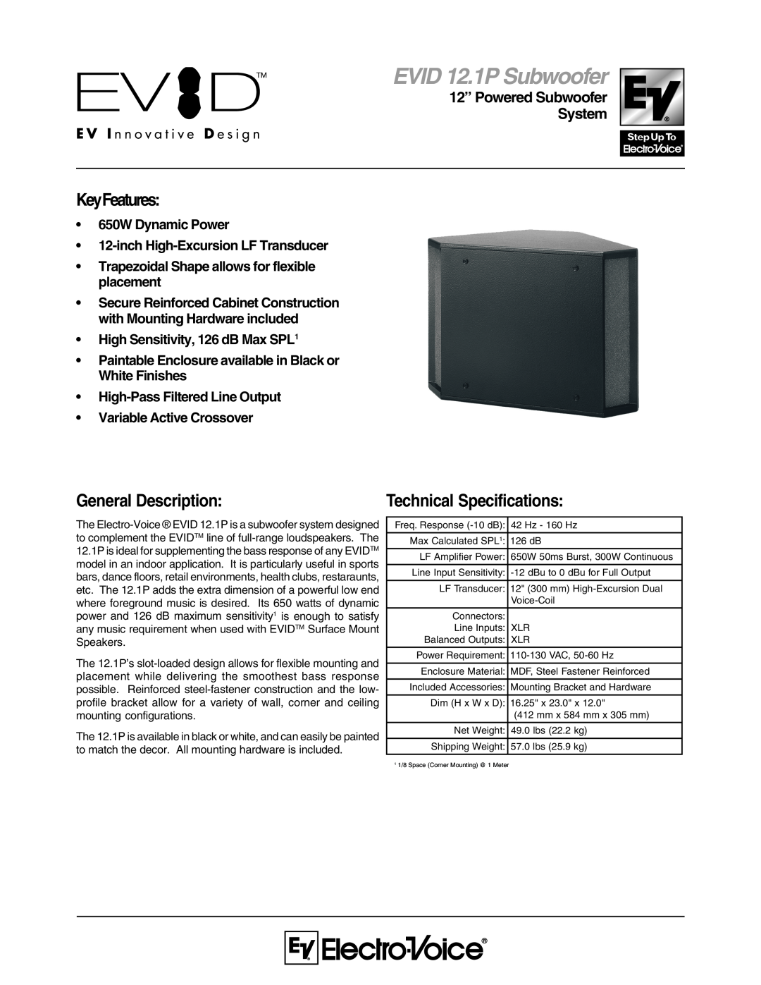 Electro-Voice EVID 12.1P technical specifications KeyFeatures, General Description, 650W Dynamic Power 