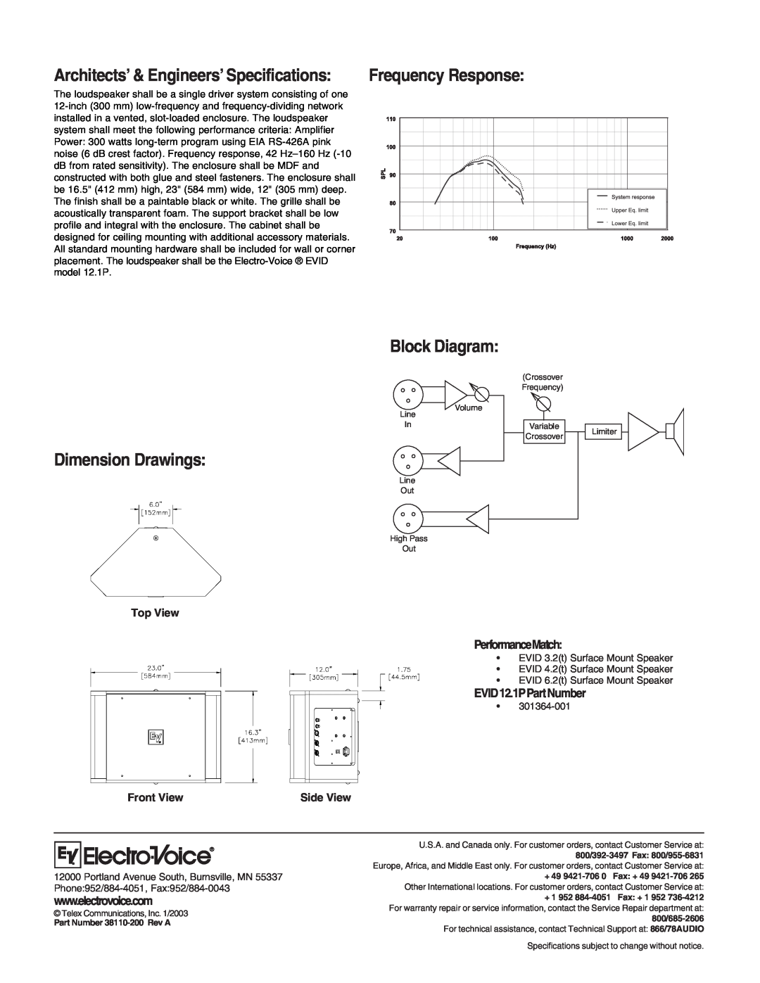 Electro-Voice EVID 12.1P Block Diagram, Dimension Drawings, Frequency Response, PerformanceMatch, EVID12.1PPartNumber 