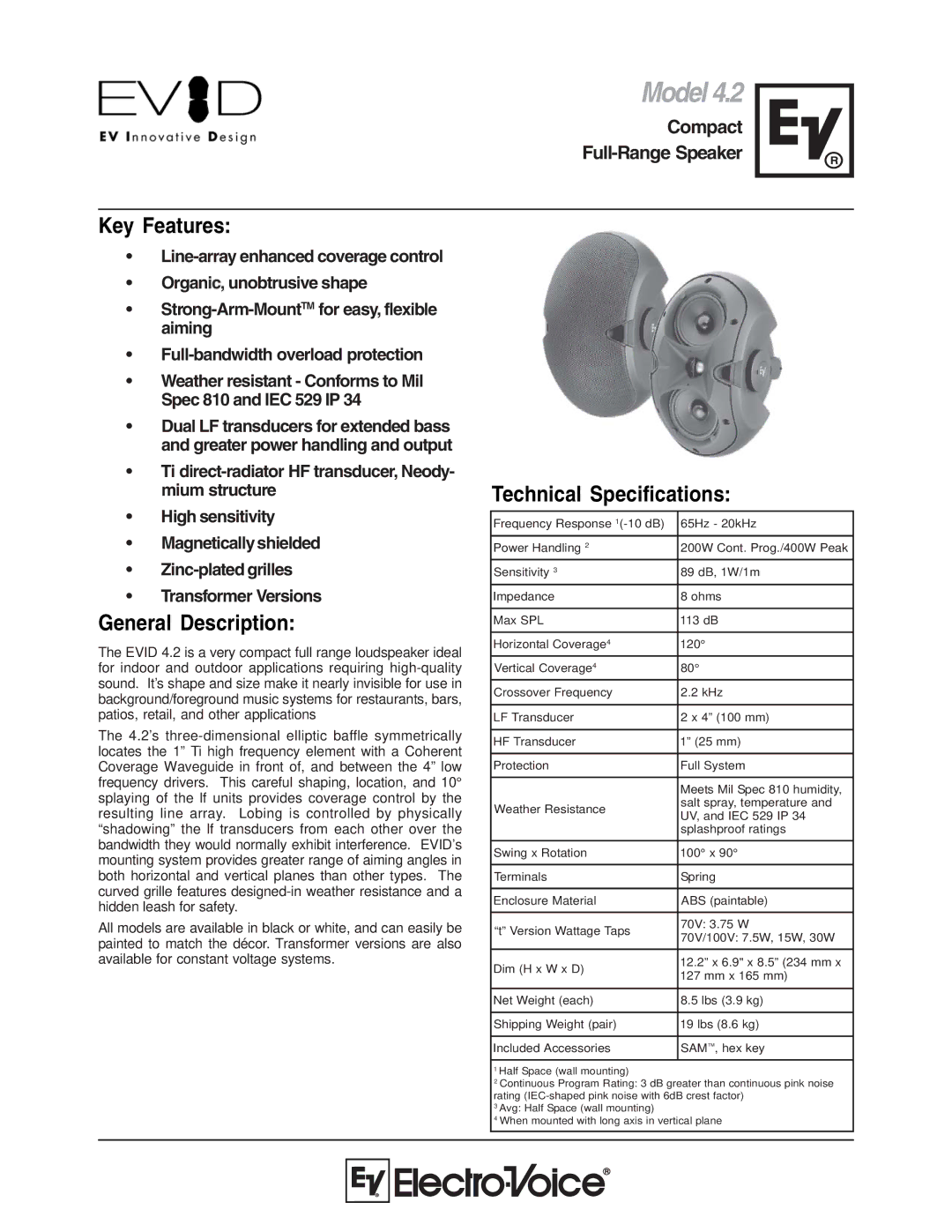 Electro-Voice EVID 4.2 technical specifications Key Features, General Description, Technical Specifications 