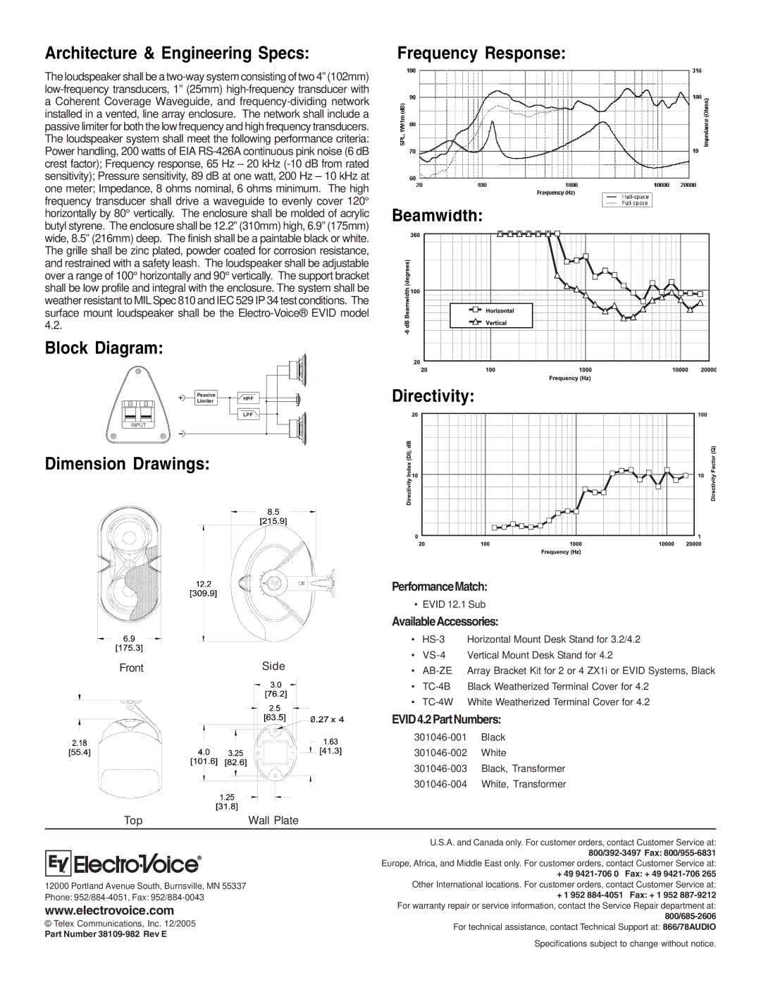 Electro-Voice EVID 4.2 Architecture & Engineering Specs, Block Diagram, Dimension Drawings Frequency Response 