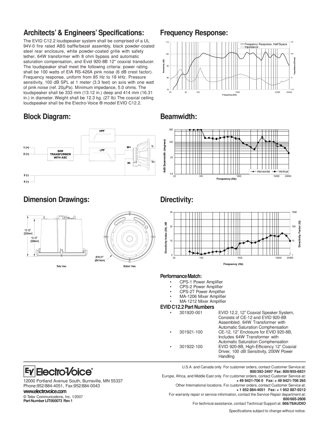 Electro-Voice EVID C12.2 Block Diagram Frequency Response, Dimension Drawings, Part Number LIT000073 Rev 