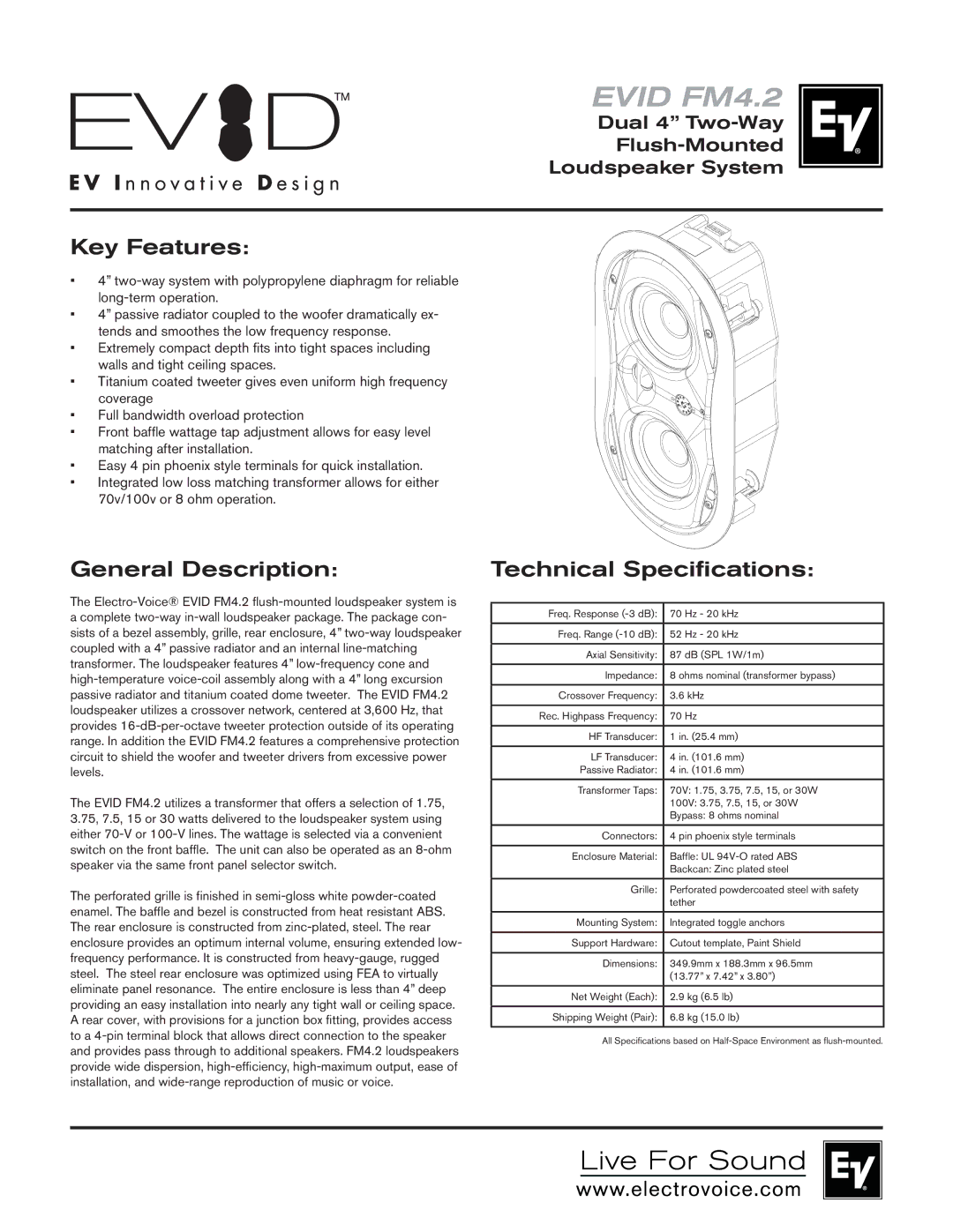 Electro-Voice EVID FM4.2 technical specifications Key Features, General Description, Technical Specifications 