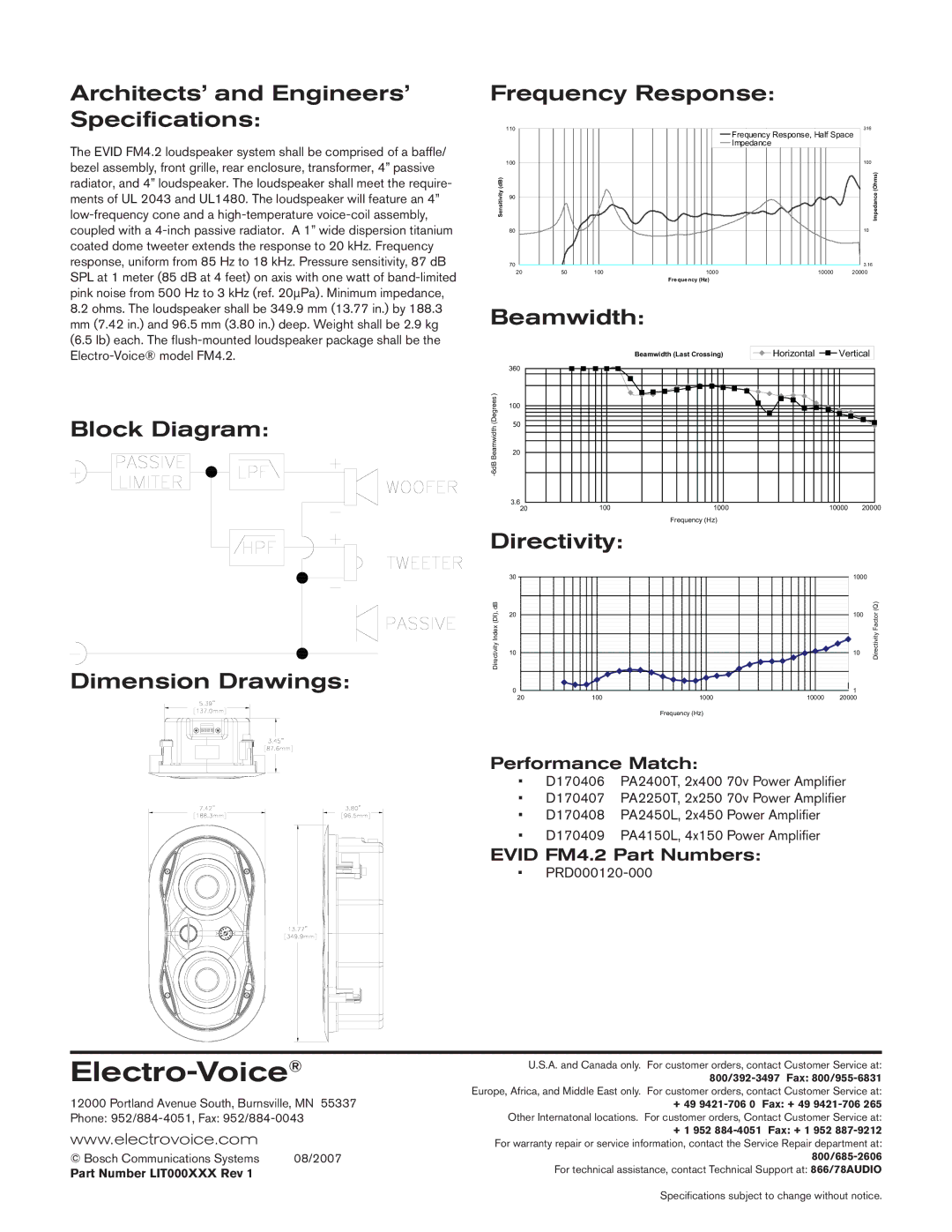 Electro-Voice EVID FM4.2 Architects’ and Engineers’ Specifications, Block Diagram Dimension Drawings Frequency Response 