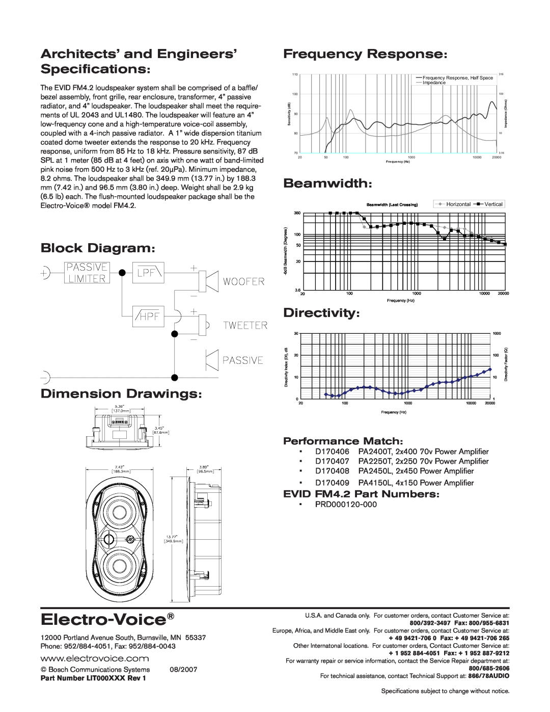Electro-Voice EVID FM4.2 Architects’ and Engineers’ Specifications, Block Diagram Dimension Drawings, Frequency Response 