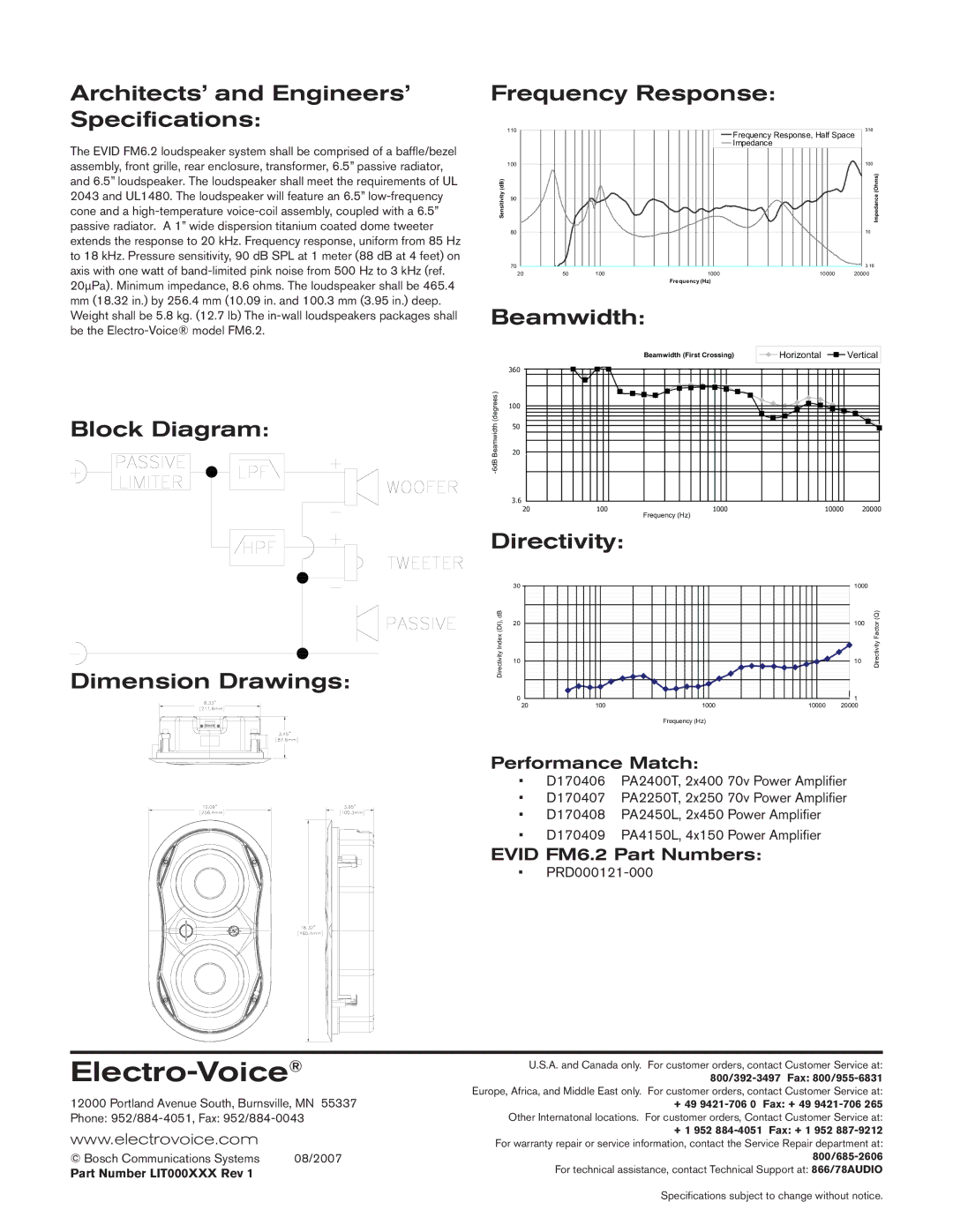 Electro-Voice EVID FM6.2 Architects’ and Engineers’ Specifications, Block Diagram Dimension Drawings, Frequency Response 