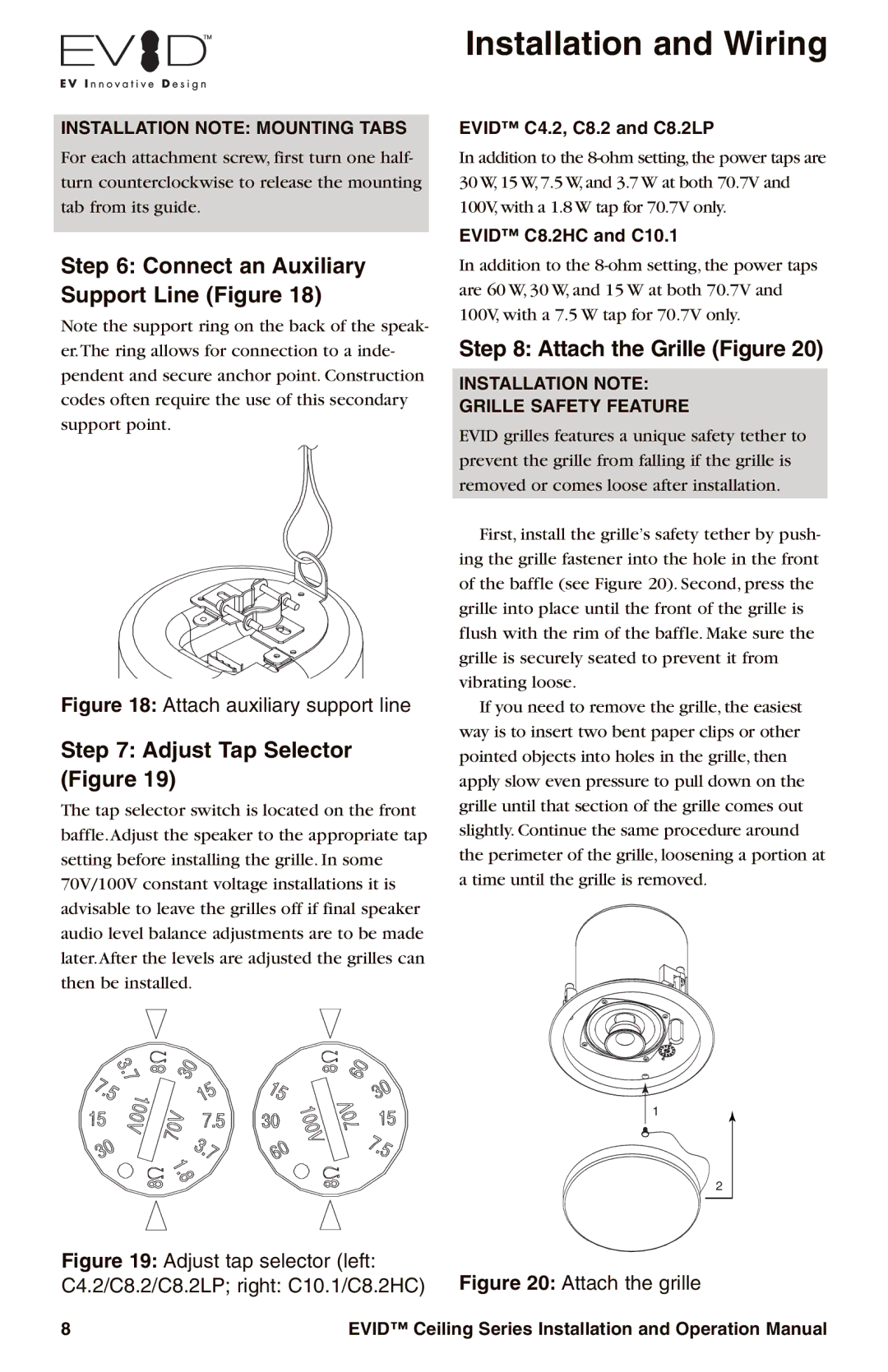 Electro-Voice EVID Connect an Auxiliary Support Line Figure, Adjust Tap Selector Figure, Attach the Grille Figure 