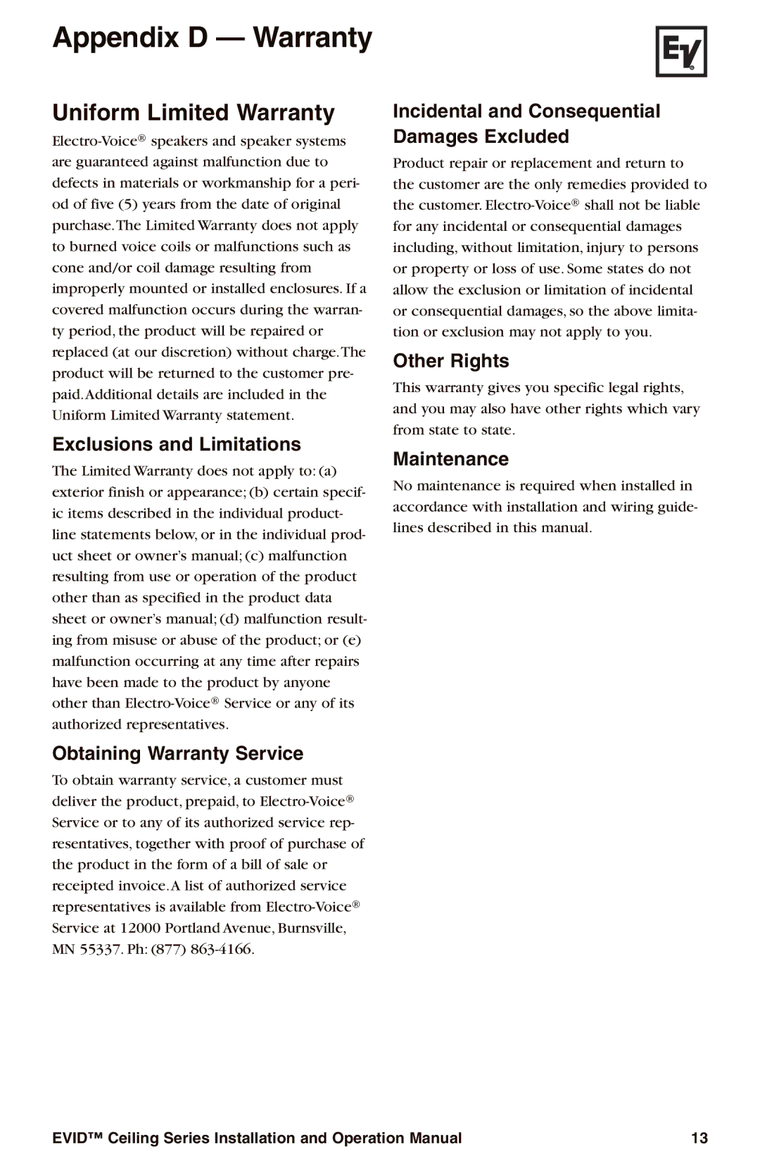 Electro-Voice EVID operation manual Appendix D Warranty, Uniform Limited Warranty 