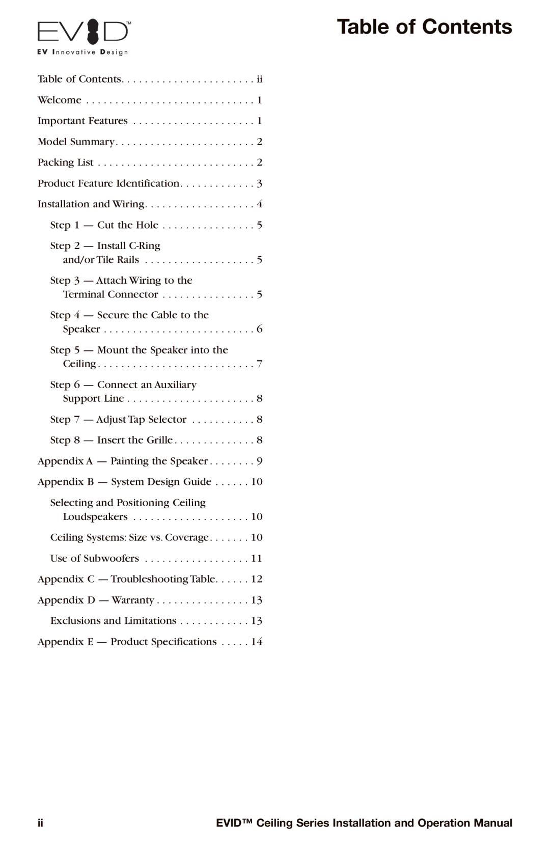 Electro-Voice EVID operation manual Table of Contents 