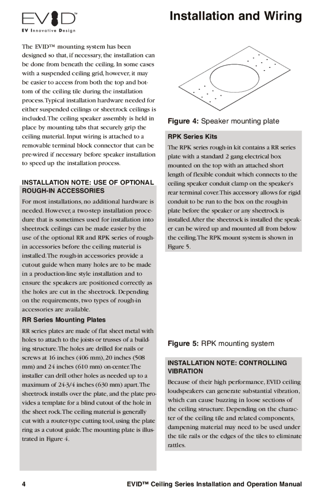 Electro-Voice EVID Installation and Wiring, Installation Note USE of Optional ROUGH-IN Accessories, RPK Series Kits 