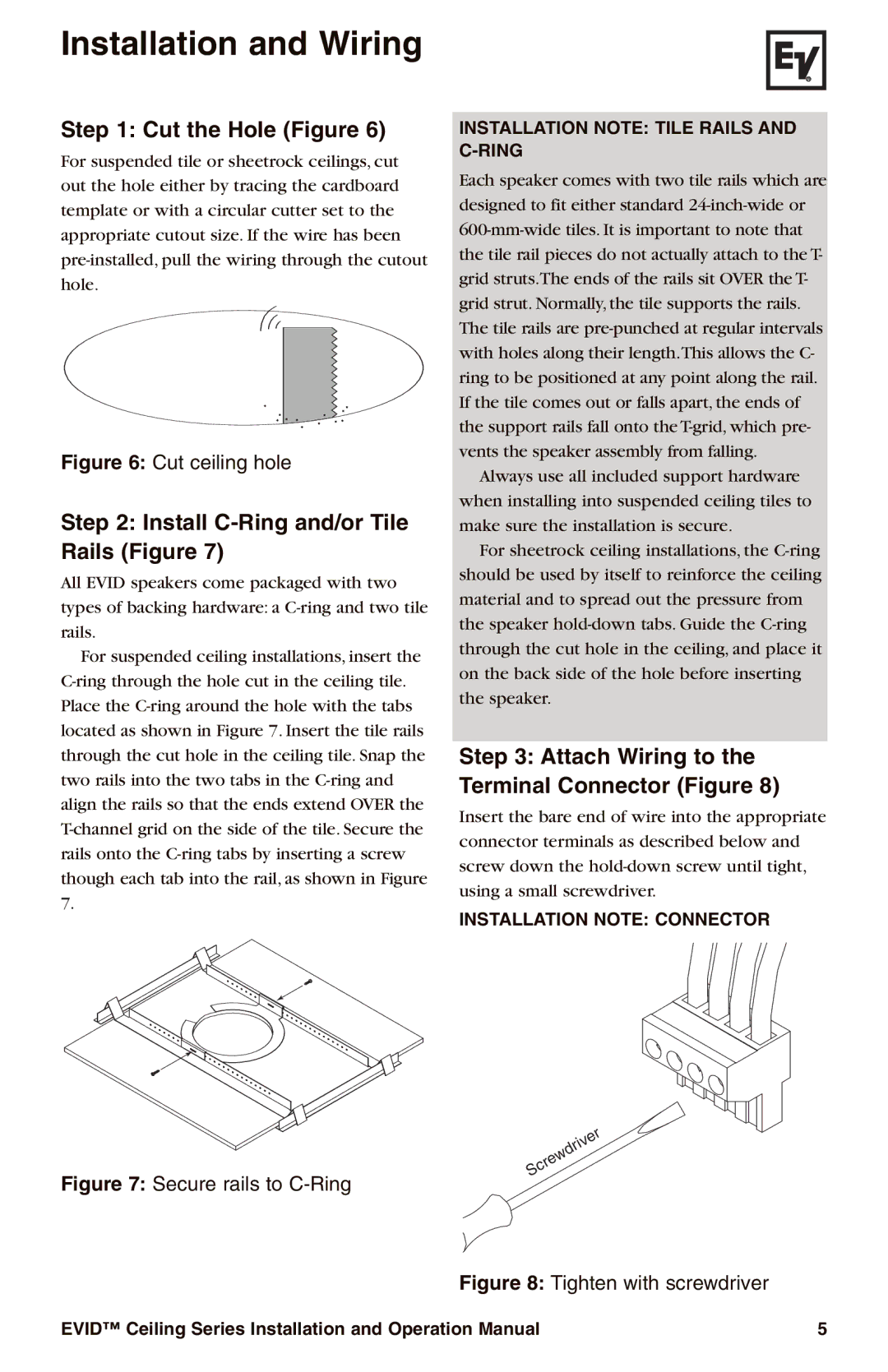 Electro-Voice EVID Cut the Hole Figure, Install C-Ring and/or Tile Rails Figure, Installation Note Tile Rails and C-RING 