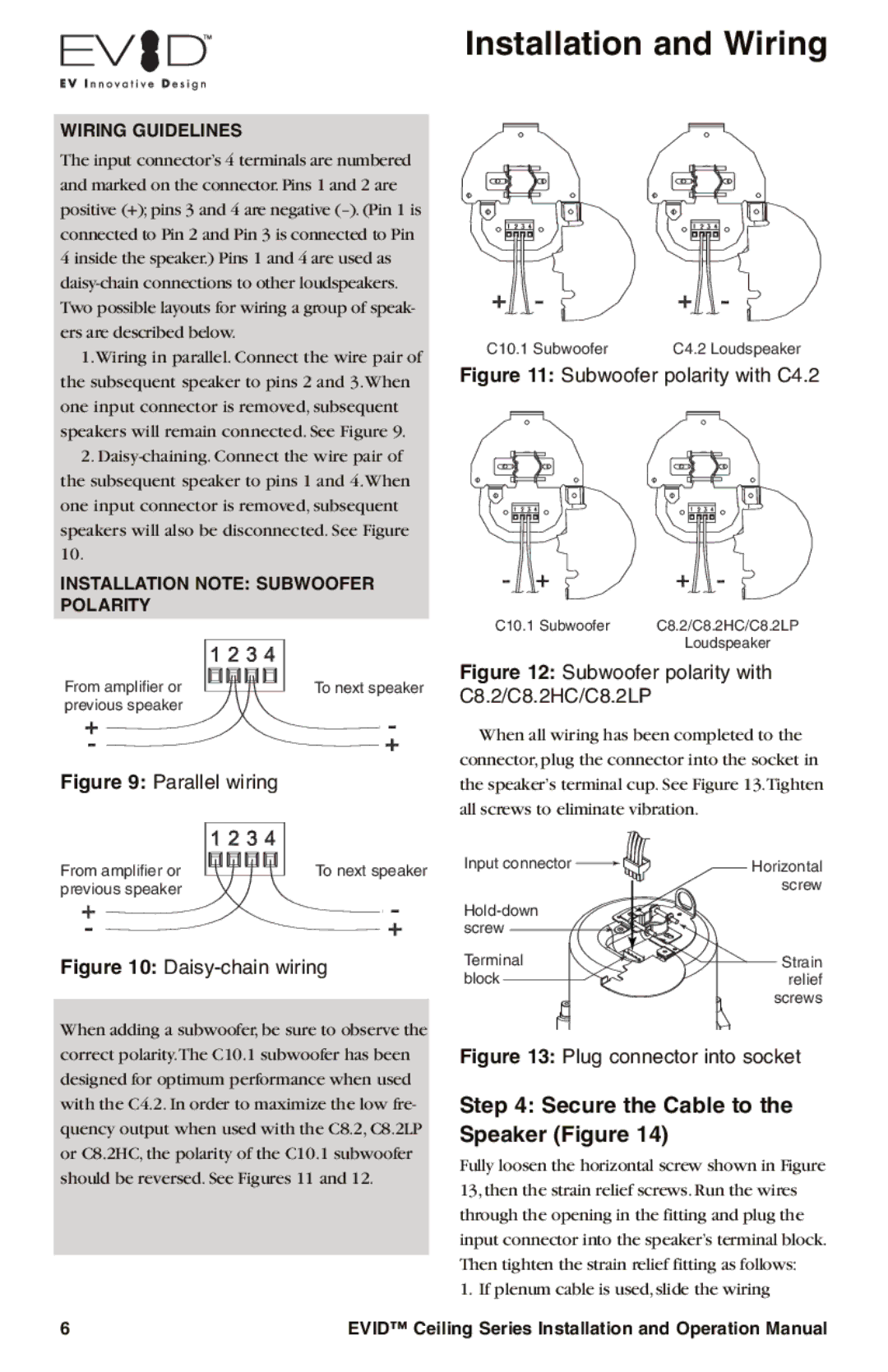 Electro-Voice EVID Secure the Cable to the Speaker Figure, Wiring Guidelines, Installation Note Subwoofer Polarity 