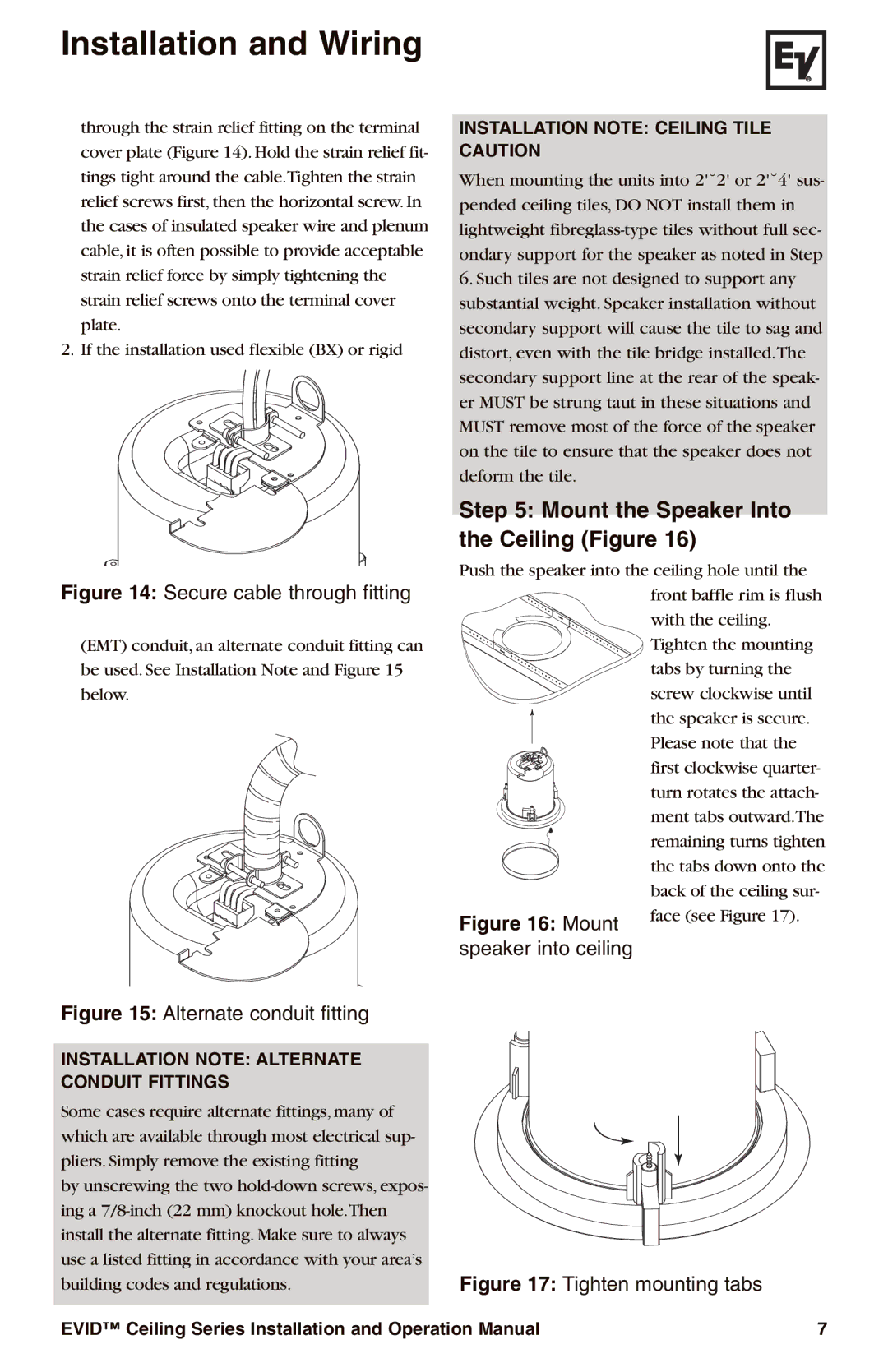 Electro-Voice EVID operation manual Mount the Speaker Into the Ceiling Figure, Installation Note Alternate Conduit Fittings 