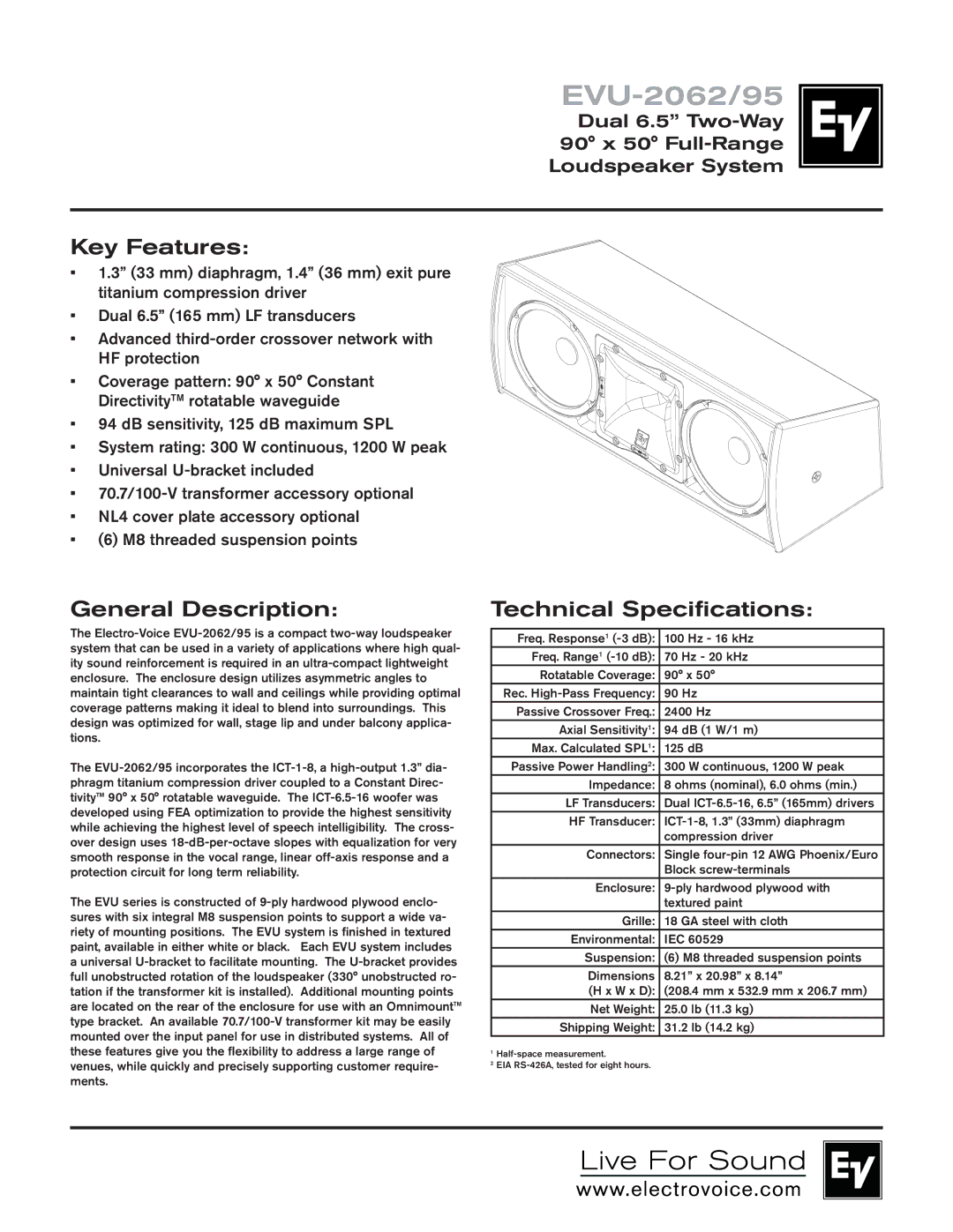 Electro-Voice EVU-2062/95 technical specifications Key Features, General Description, Technical Specifications 