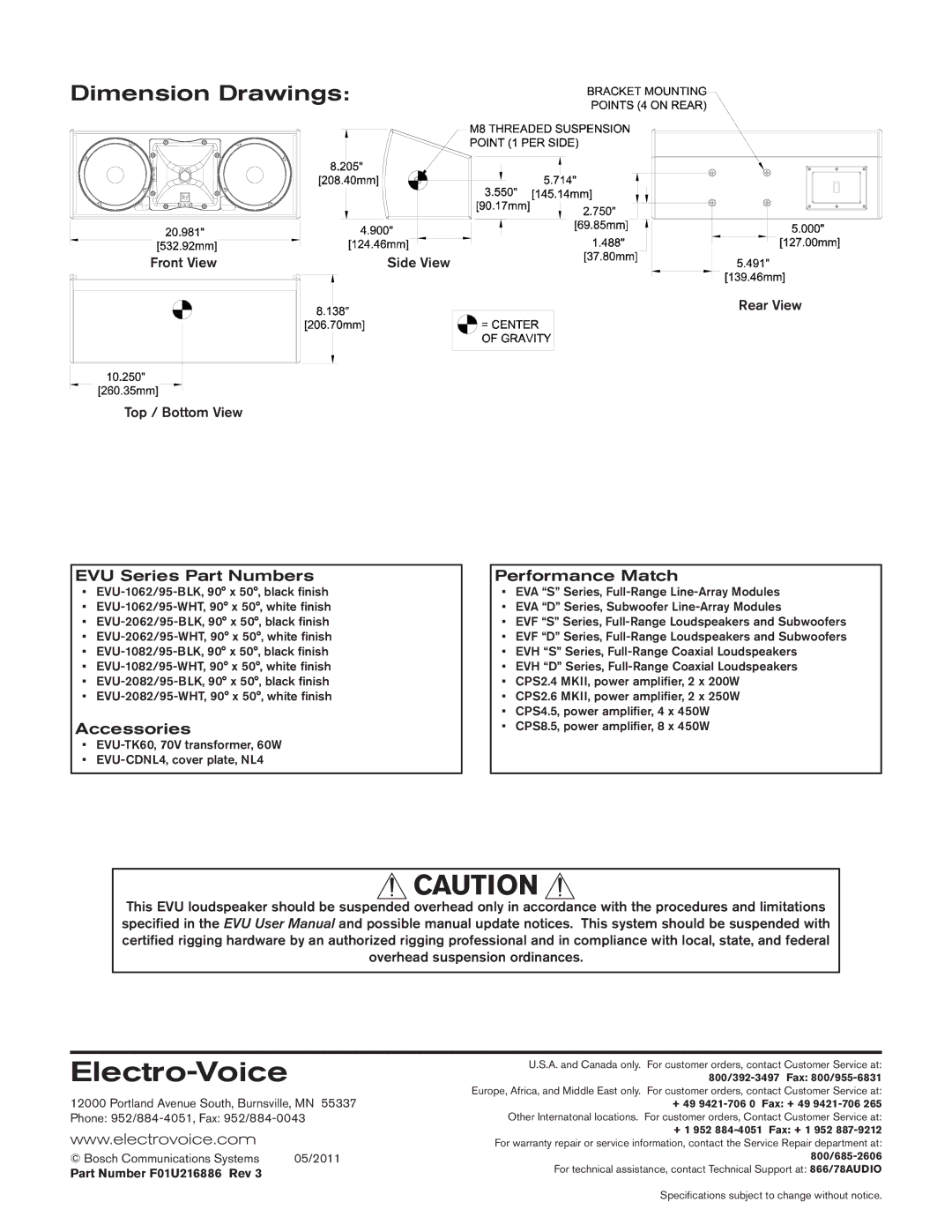 Electro-Voice EVU-2062/95 technical specifications Dimension Drawings, EVU Series Part Numbers 