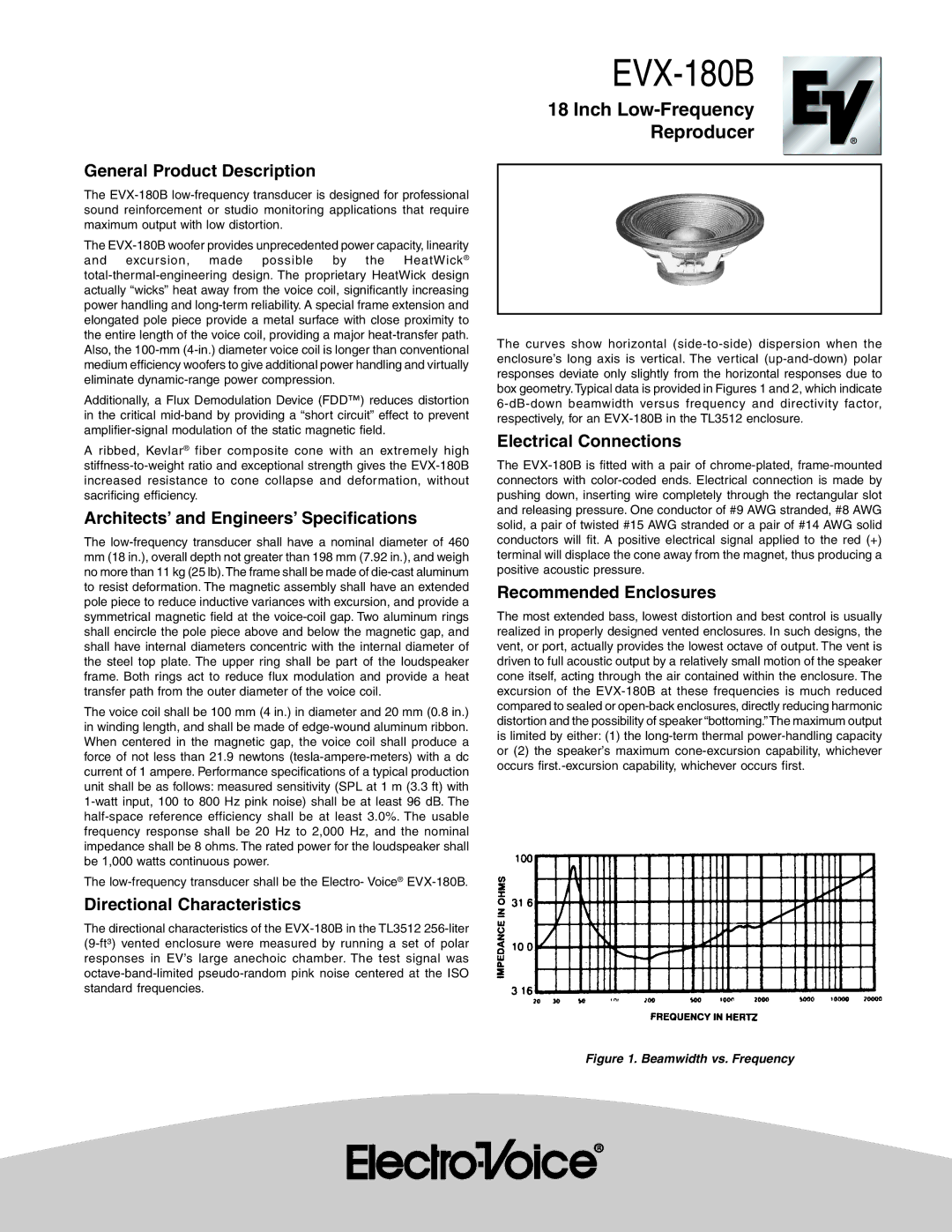 Electro-Voice EVX-180B specifications General Product Description, Architects’ and Engineers’ Specifications 