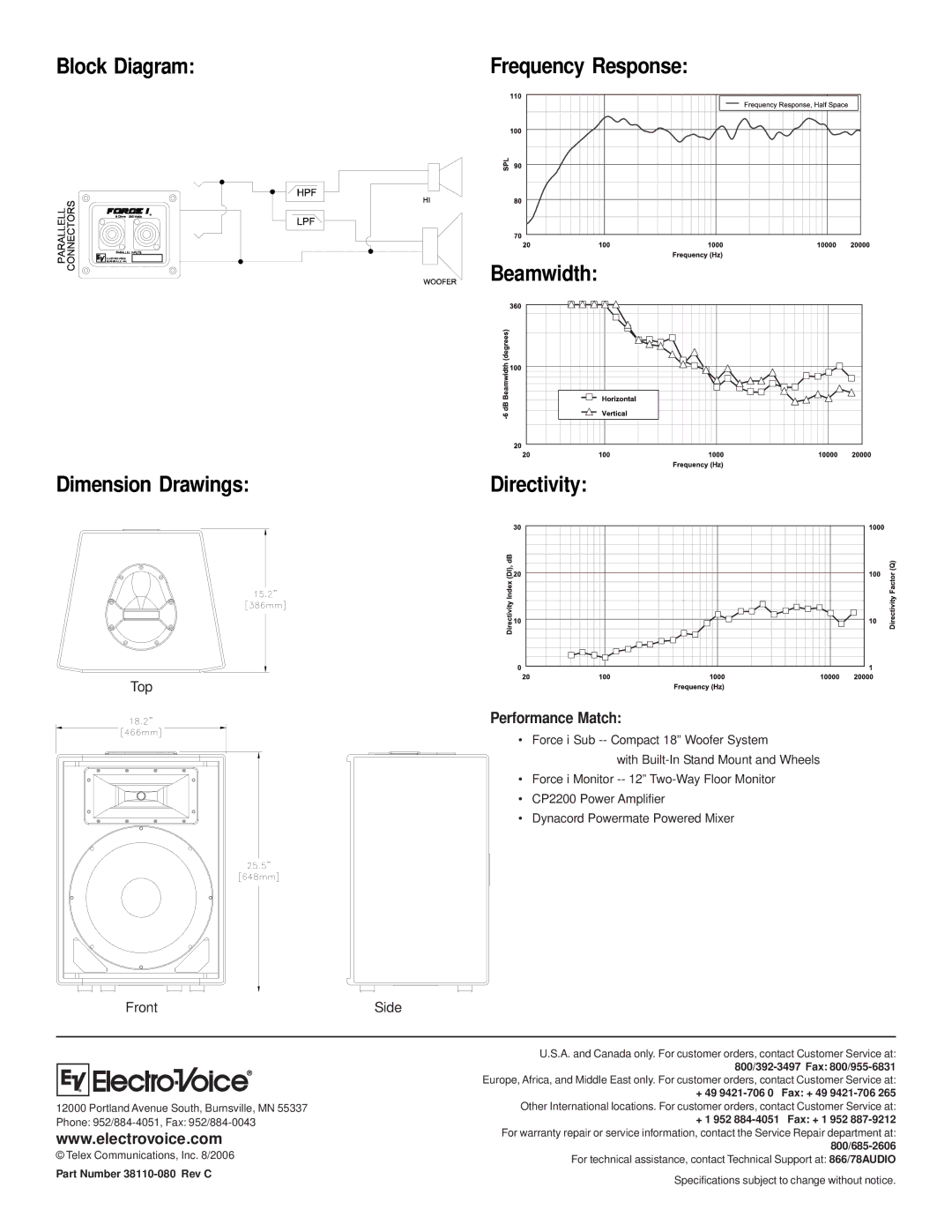 Electro-Voice Force i technical specifications Block Diagram Frequency Response, Dimension Drawings 