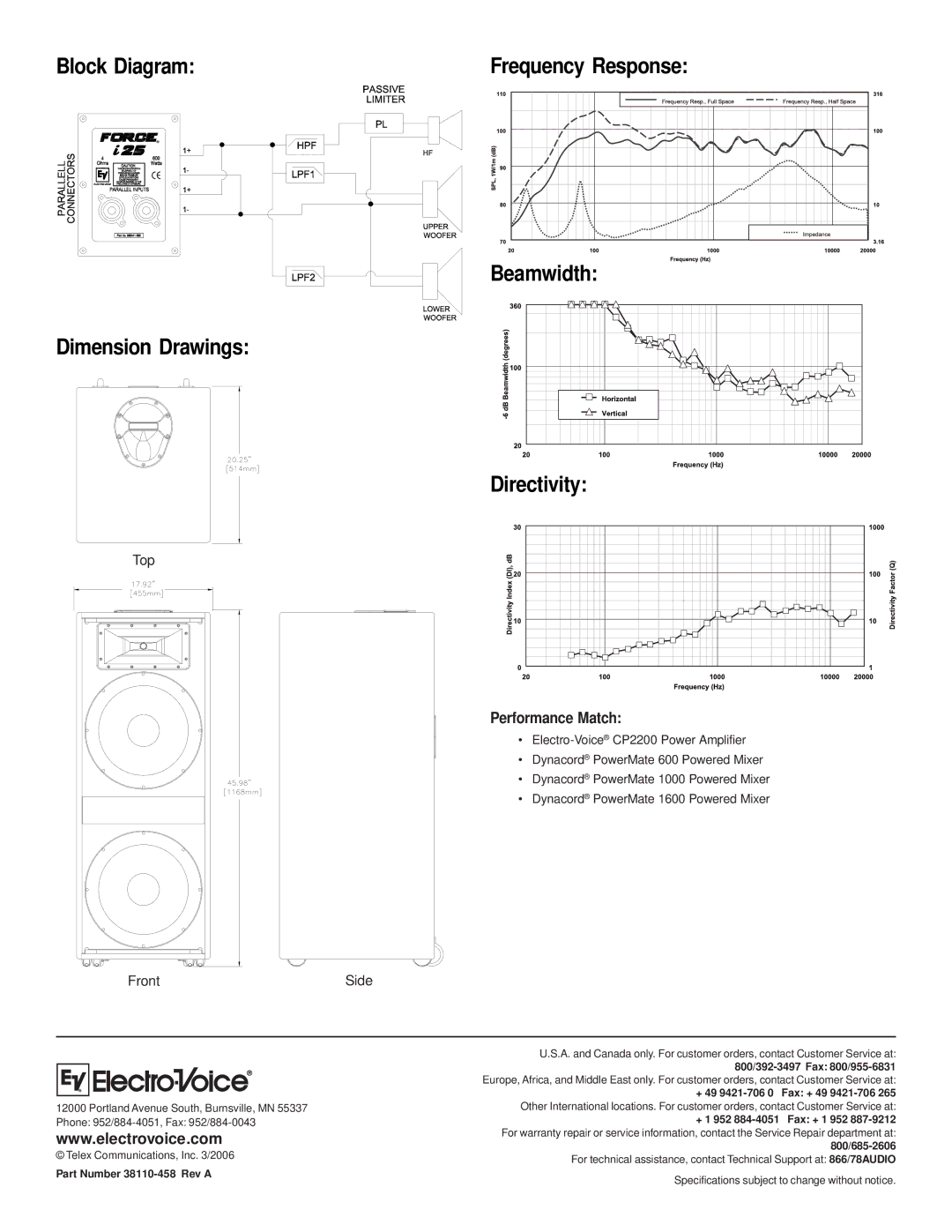 Electro-Voice Force i25 technical specifications Performance Match, Top, Front, Side, Part Number 38110-458 Rev a 