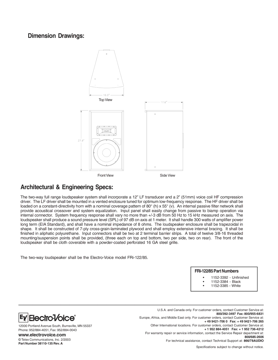 Electro-Voice FRi-122/85 technical specifications Dimension Drawings, Architectural & Engineering Specs 