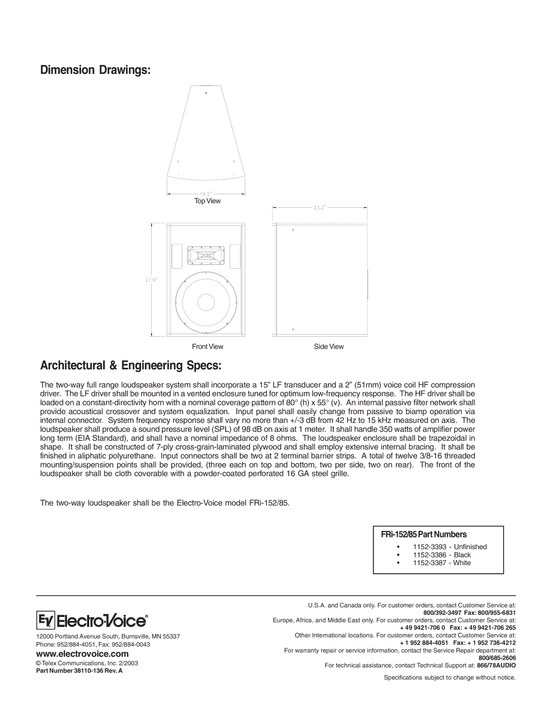 Electro-Voice FRi-152/85 technical specifications Dimension Drawings, Architectural & Engineering Specs 