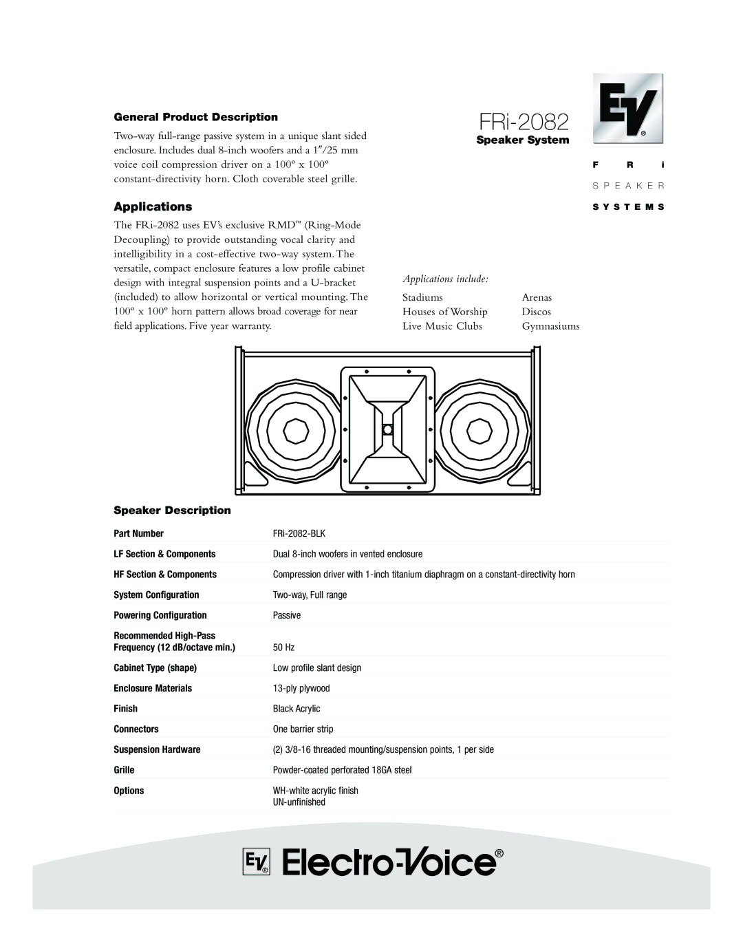 Electro-Voice FRi-2082 warranty General Product Description, Speaker Description, Speaker System 