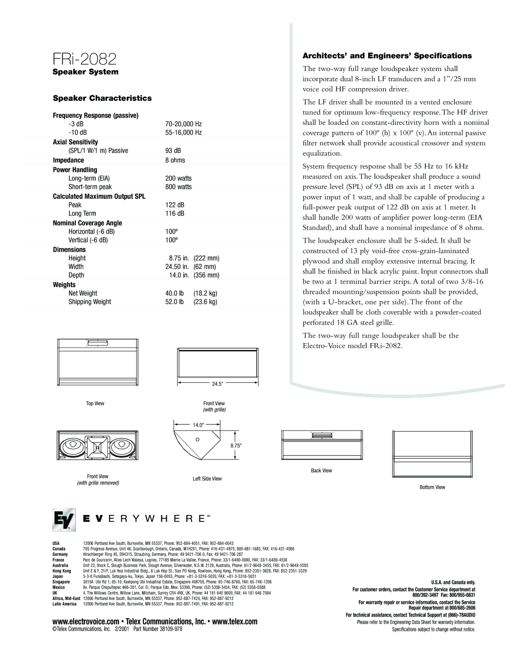 Electro-Voice FRi-2082 warranty Speaker System Speaker Characteristics, Architects’ and Engineers’ Specifications 